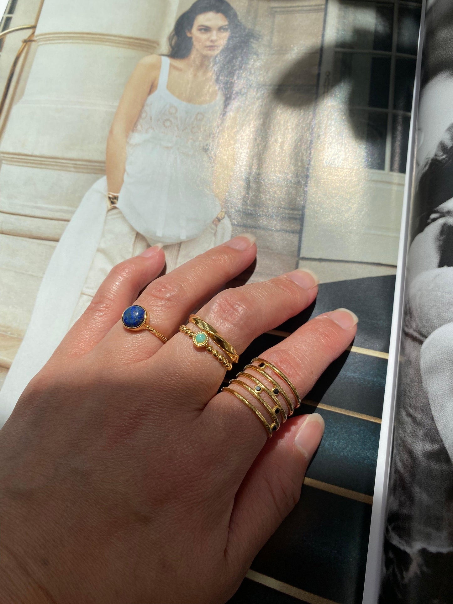 Blue Lapis Lazuli Ring, Double Layered Turquoise Ring, Multiple Layered Black Zircon Ring. Adjustable Semi Precious Stone Ring Lucky Stone eVE United Kingdom