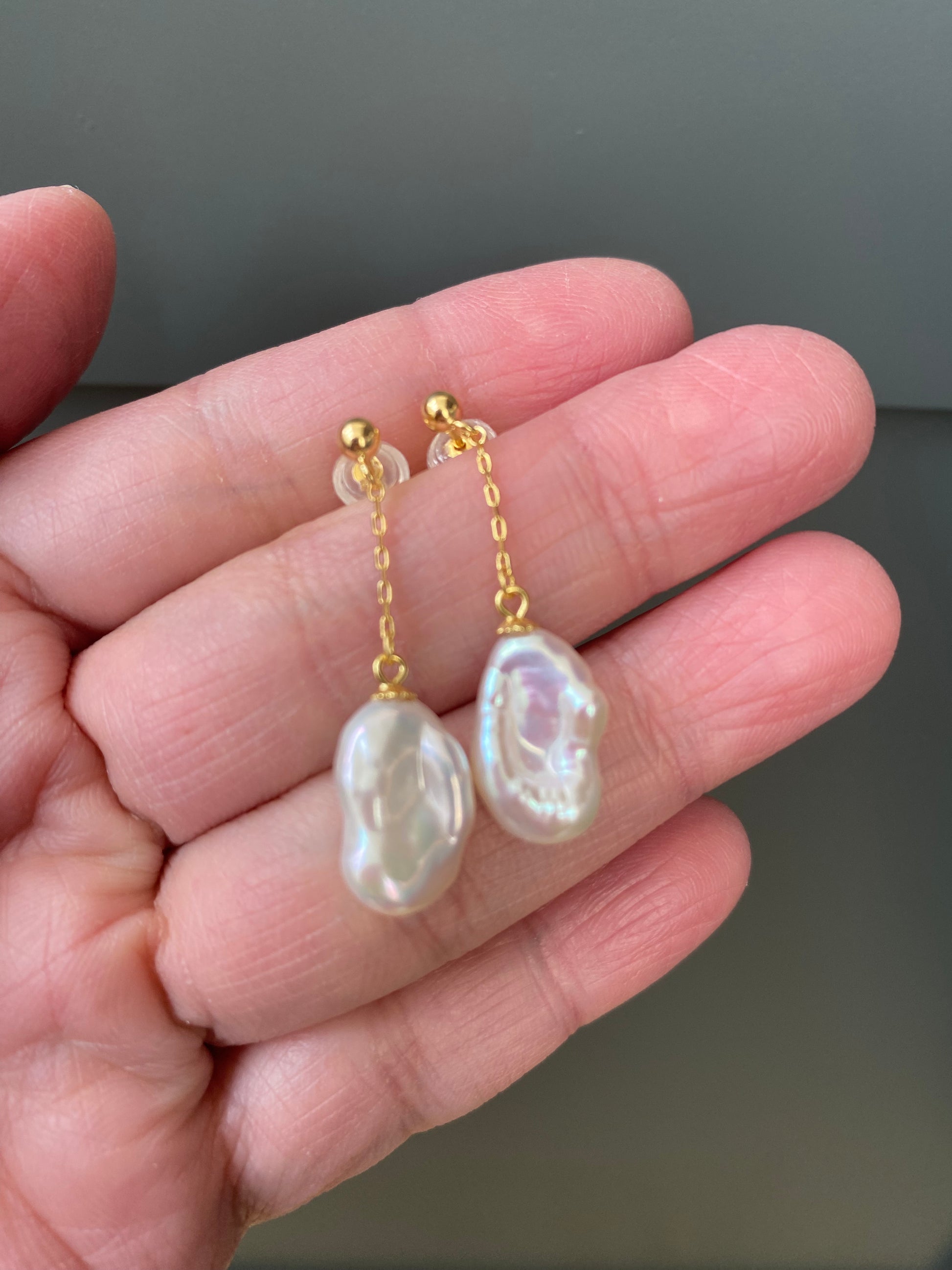 Dainty Keshi Baroque Pearl Earrings, Gold Keshi Pearl Statement Earrings for Her, Rainbow Glow Keshi Baroque Drop Earrings, Sterling Silver - eVE United Kingdom