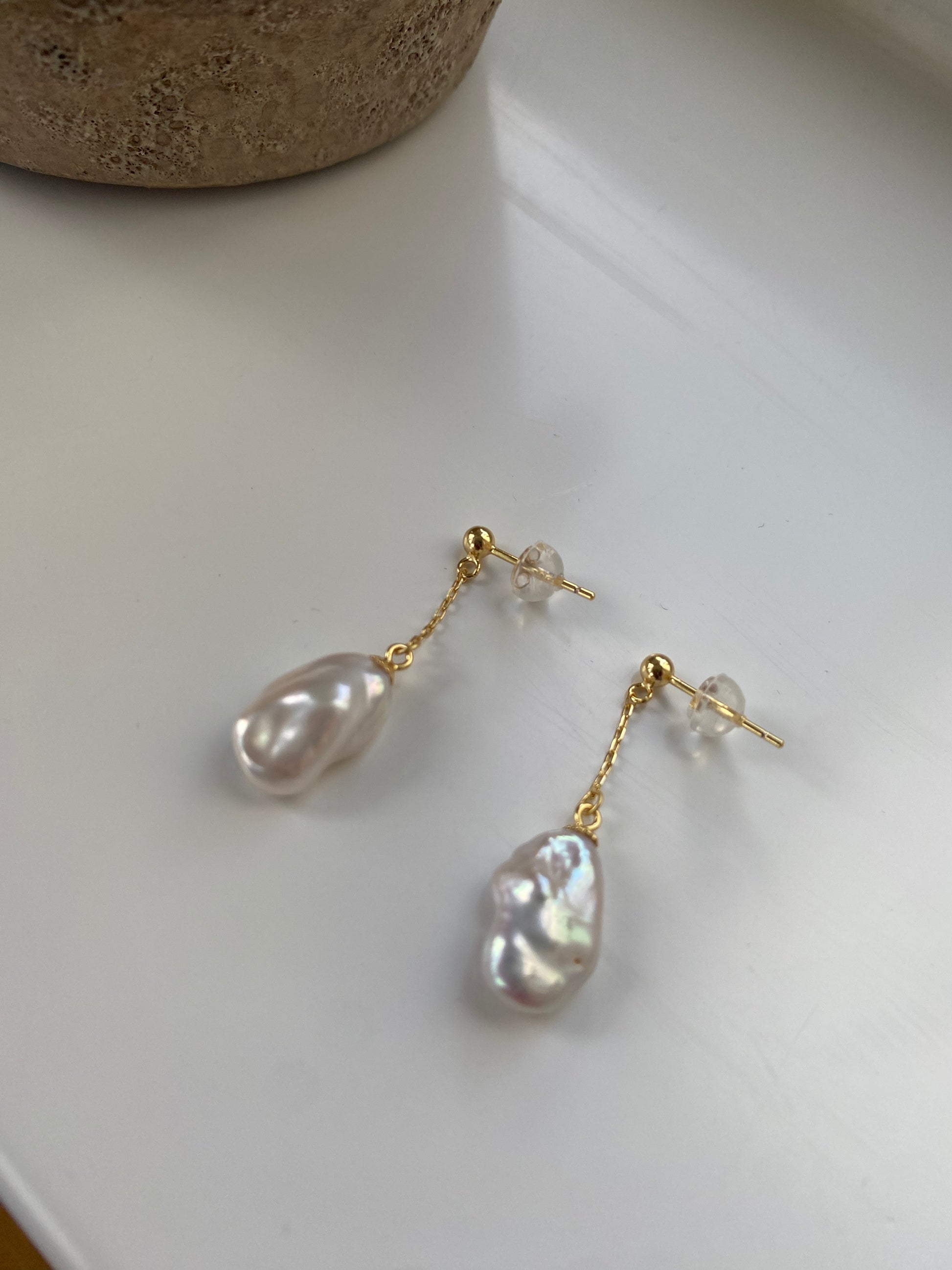 Dainty Keshi Baroque Pearl Earrings, Gold Keshi Pearl Statement Earrings for Her, Rainbow Glow Keshi Baroque Drop Earrings, Sterling Silver - eVE United Kingdom