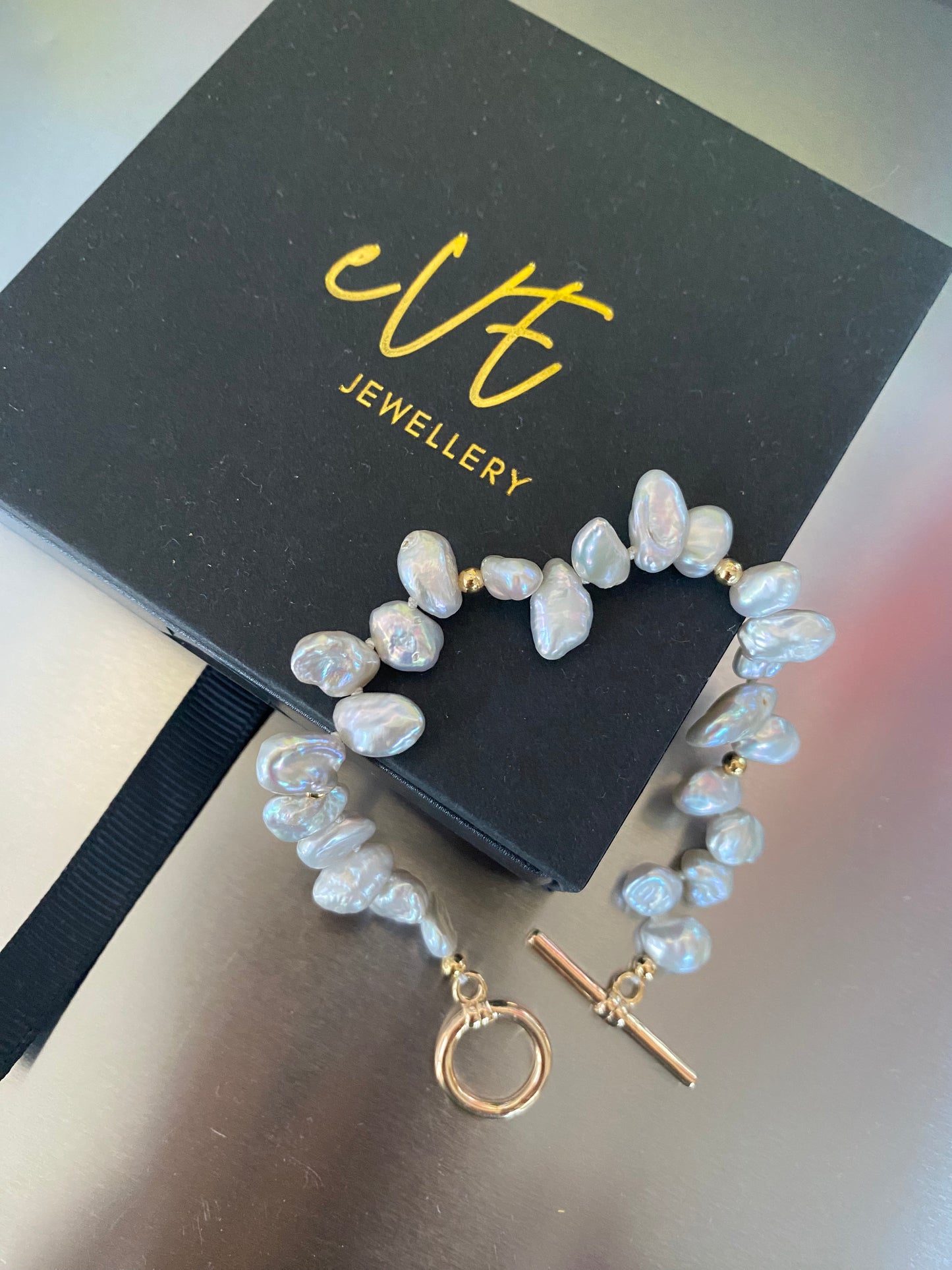 Grey lustrous Natural Keshi Petal Pearl Bracelet, Rainbow Glow Keshi Pearl Bracelet for Her, Tiny Cornflakes Pearl Bracelet, Fit small Wrist - eVE United Kingdom