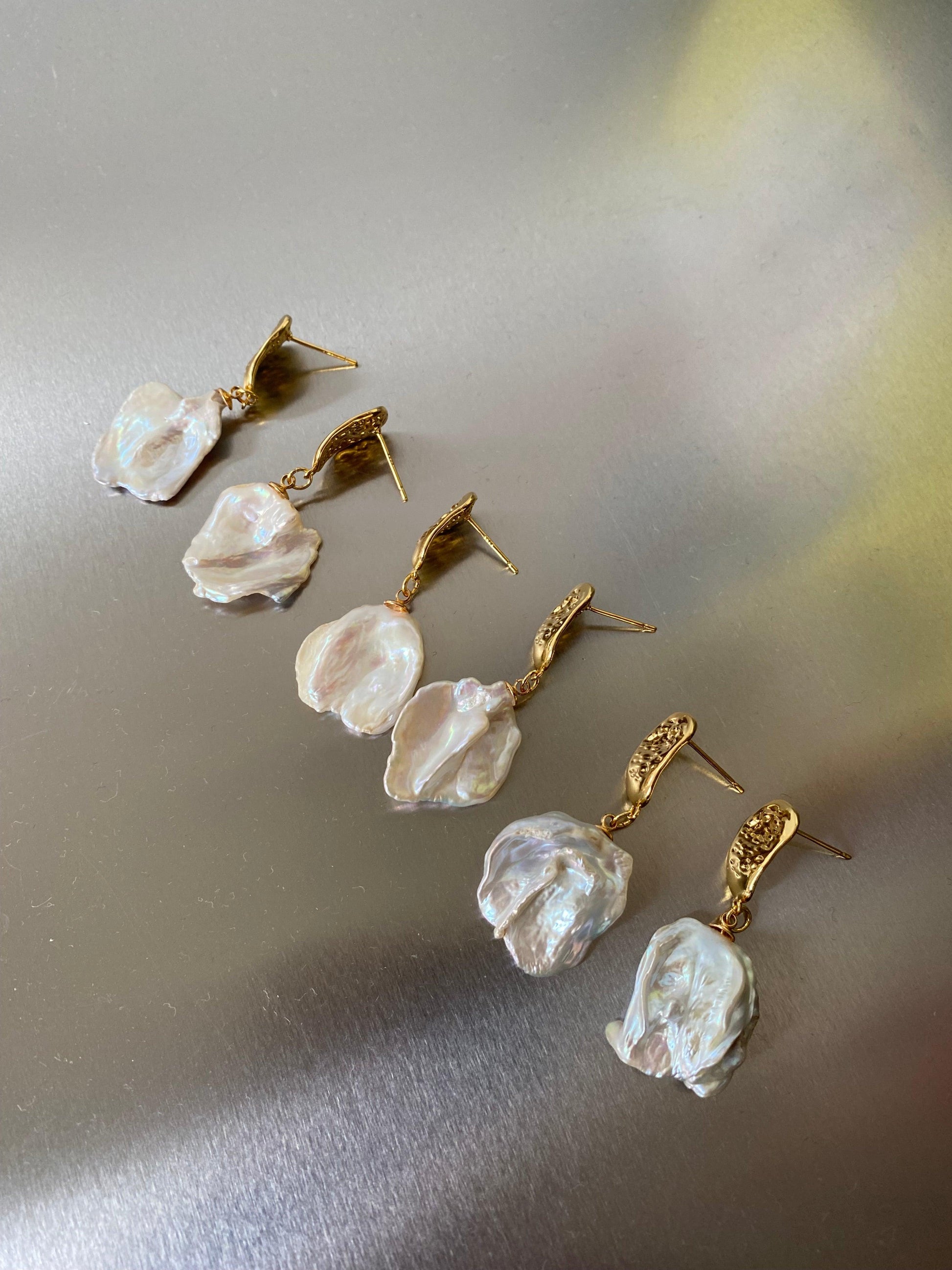 High Lustrous Keshi Petal Baroque Earrings,Hammered Signet Gold Pearl Earrings,Rainbow Glow Keshi Earrings, Beautiful Keshi Drop Earrings - eVE United Kingdom