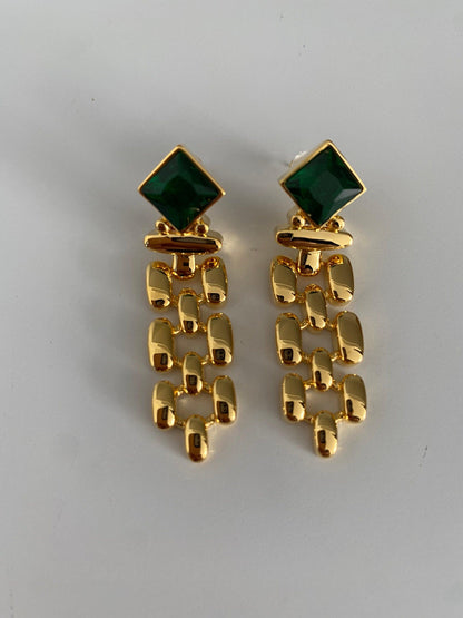 Thick and Wide Watch Chains Emerald Earrings in Gold , Green Zircon Heirloom Chain Earrings for Her, Vintage Inspired, S925 Needle