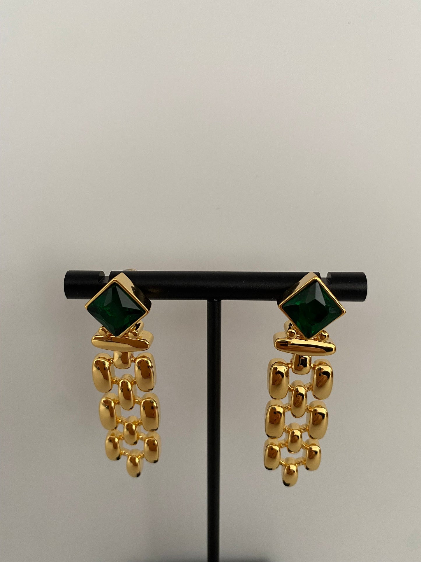 Thick and Wide Watch Chains Emerald Earrings in Gold , Green Zircon Heirloom Chain Earrings for Her, Vintage Inspired, S925 Needle