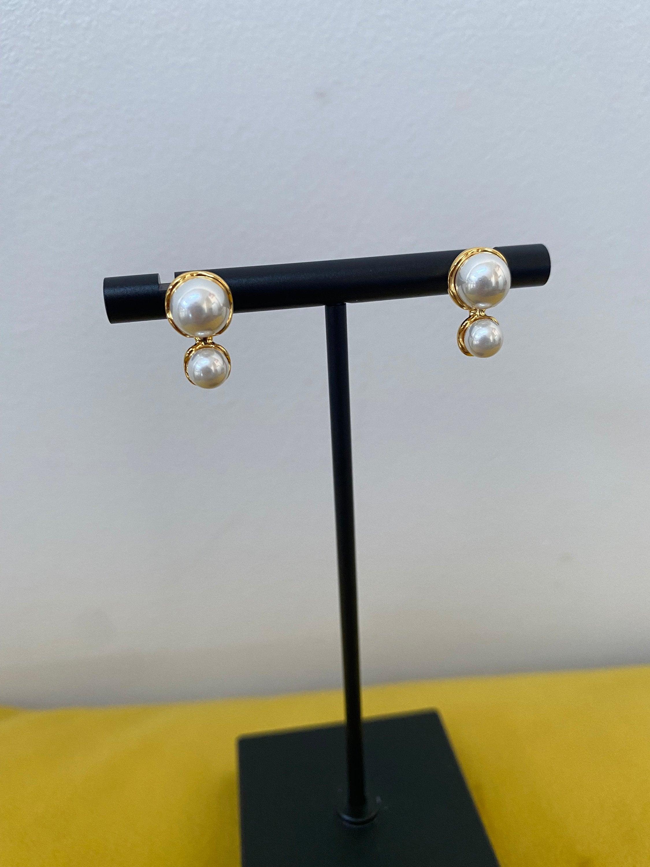 Gold Classic Two Pearl Irregular Shape Stud Earrings, Imitation Pearls Stud Earrings, Mini Double Pearl Earrings for Her, S925 Needle