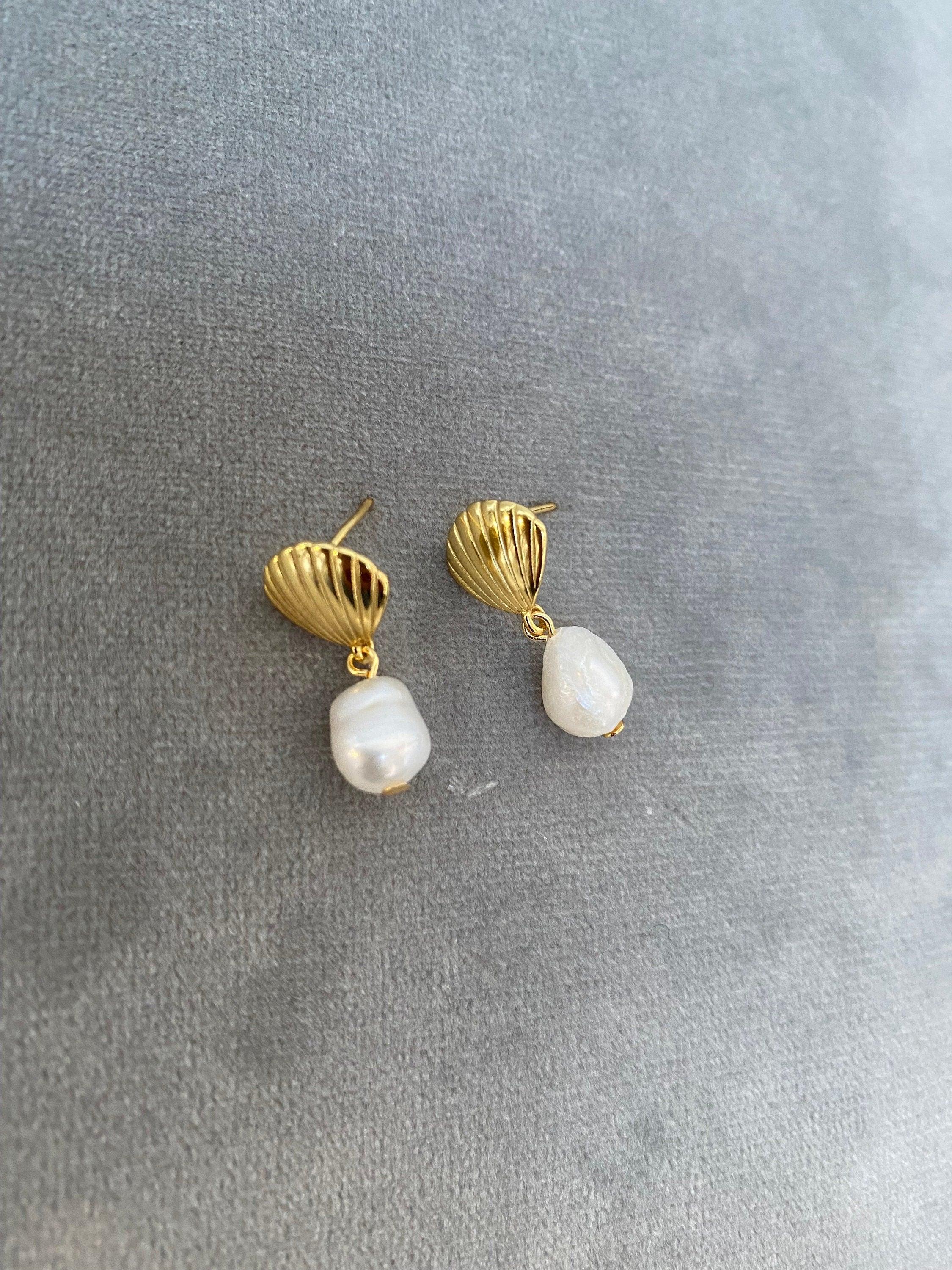 18k Gold Freshwater Pearl Clam Hoop Earrings, Cute Mini Statement Jewelry for Her