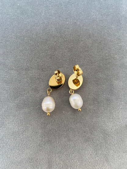 Tiny Coin Design Rose Embossed Freshwater Pearl Earrings for Women, Pendant Coin Design Flower Pearl Earrings, 18K Gold