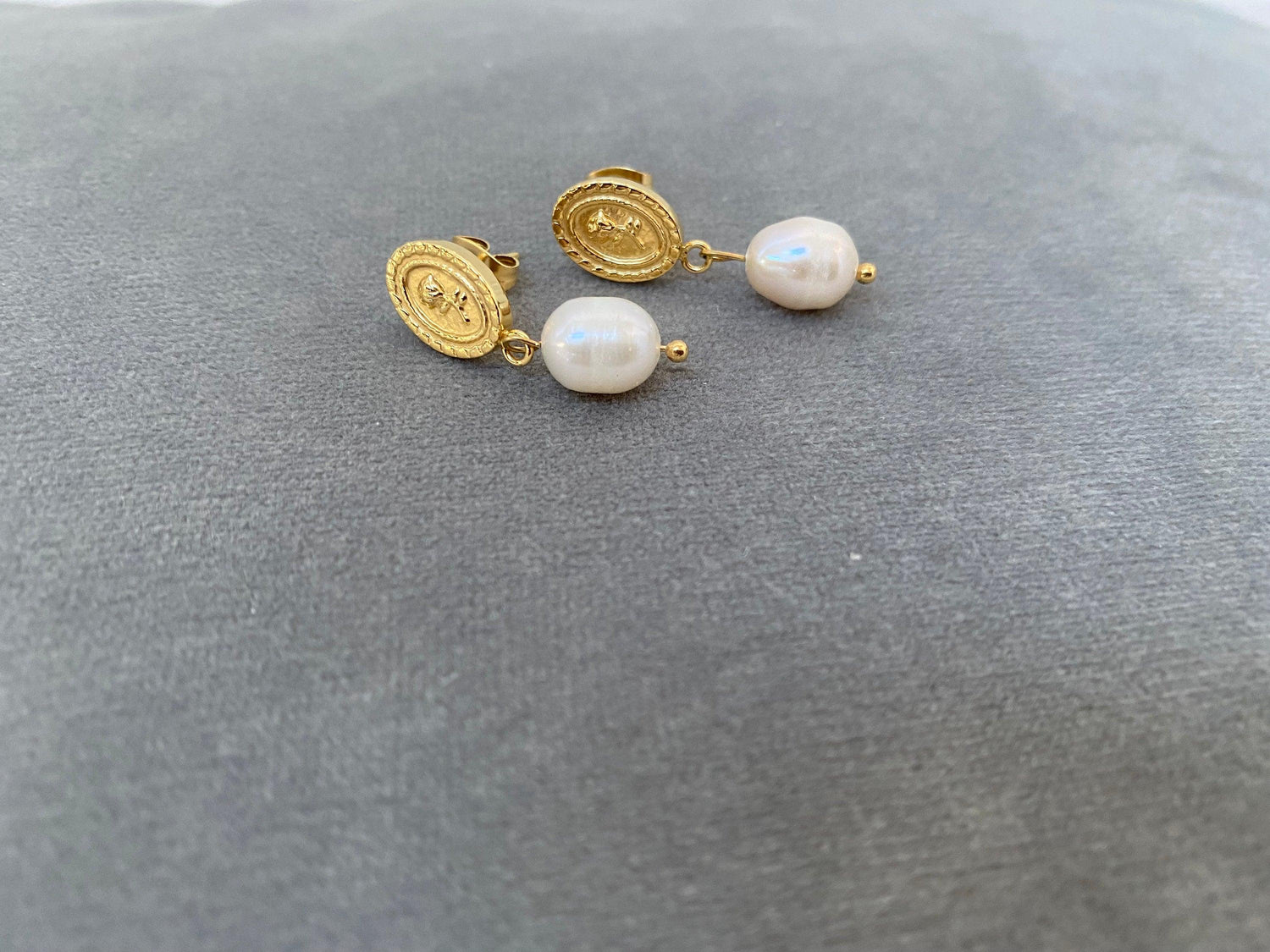Tiny Coin Design Rose Embossed Freshwater Pearl Earrings for Women, Pendant Coin Design Flower Pearl Earrings, 18K Gold