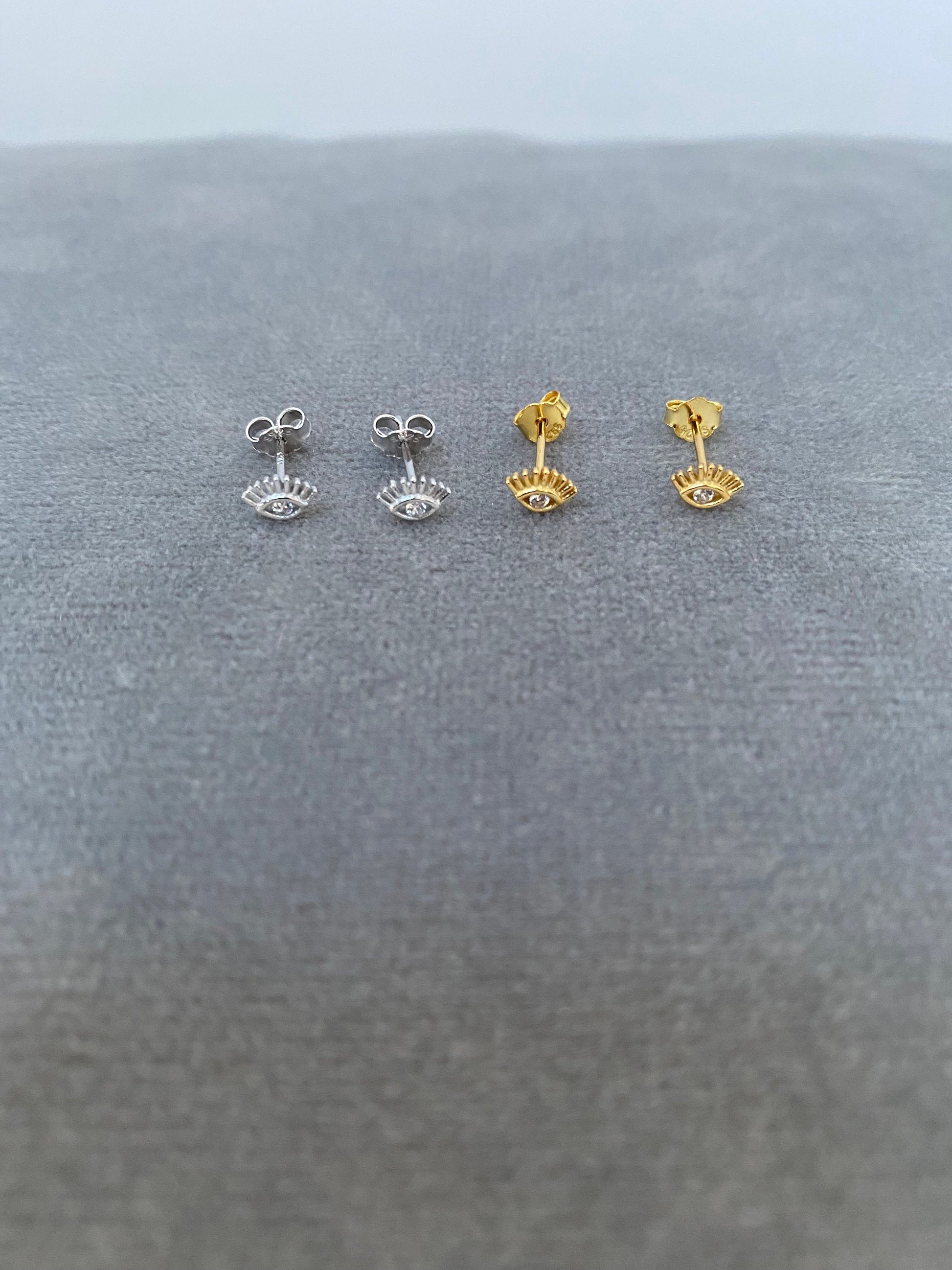 Tiny Evil Eye Stud Earring in Sterling Silver, Cubic Zirconia Evil Eye Stud Earring, Cute Evil Eye Mini Stud Earring, Gold and Silver