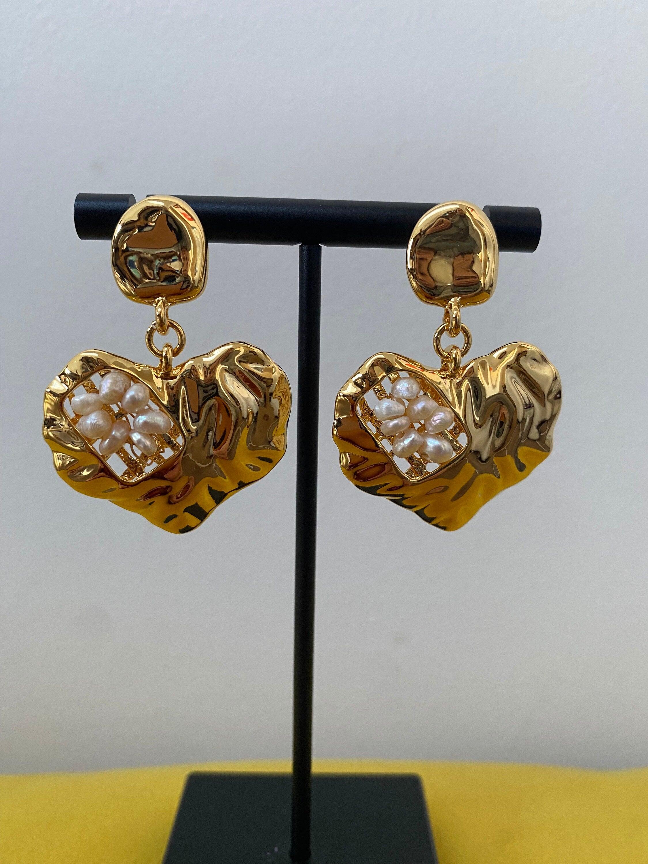 Striking Gold Heart Dangle Earrings with Pearls, Bright Shining Big Heart Design for Women