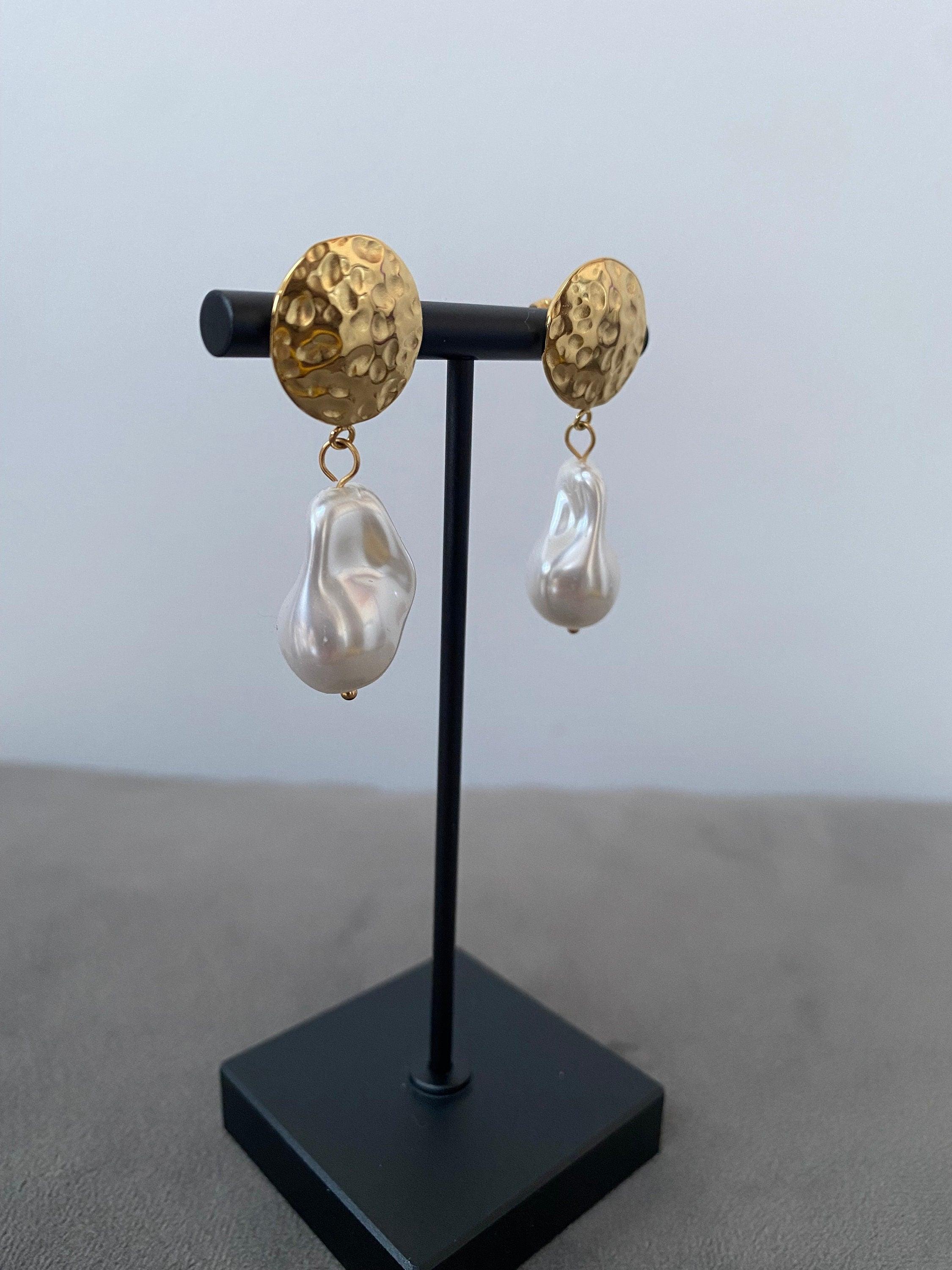 Massive Chunky Irregular Pearl Earrings, Coin Hammered Signet Pearl Earrings, Hammered Coin Shape Design Earrings for Women