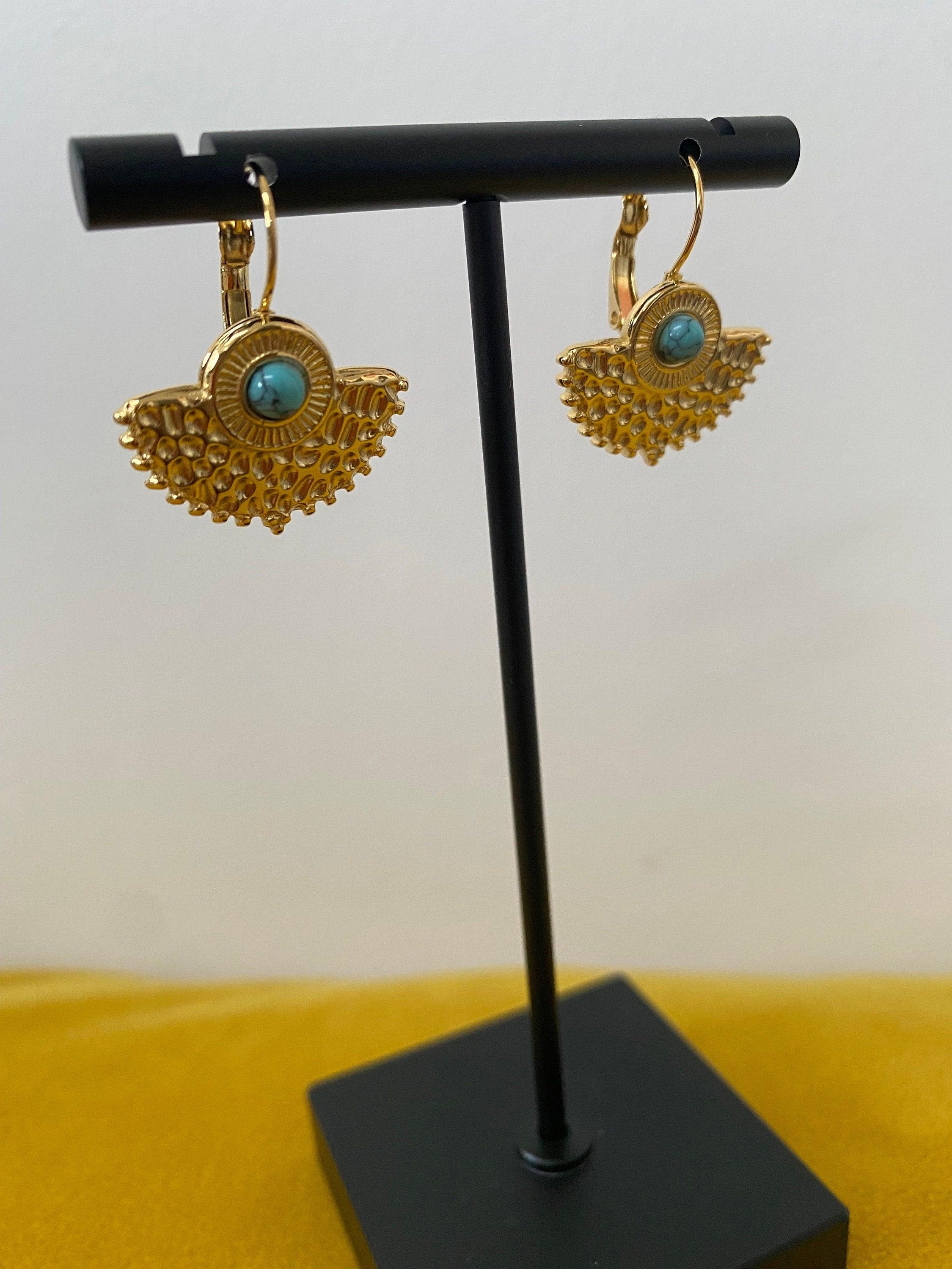 Blue Turquoise Stone Sunburst Earrings, Bright Shinning Moon Turquoise Stone Earrings for Her, Bohemia Style, Perfect for Summer