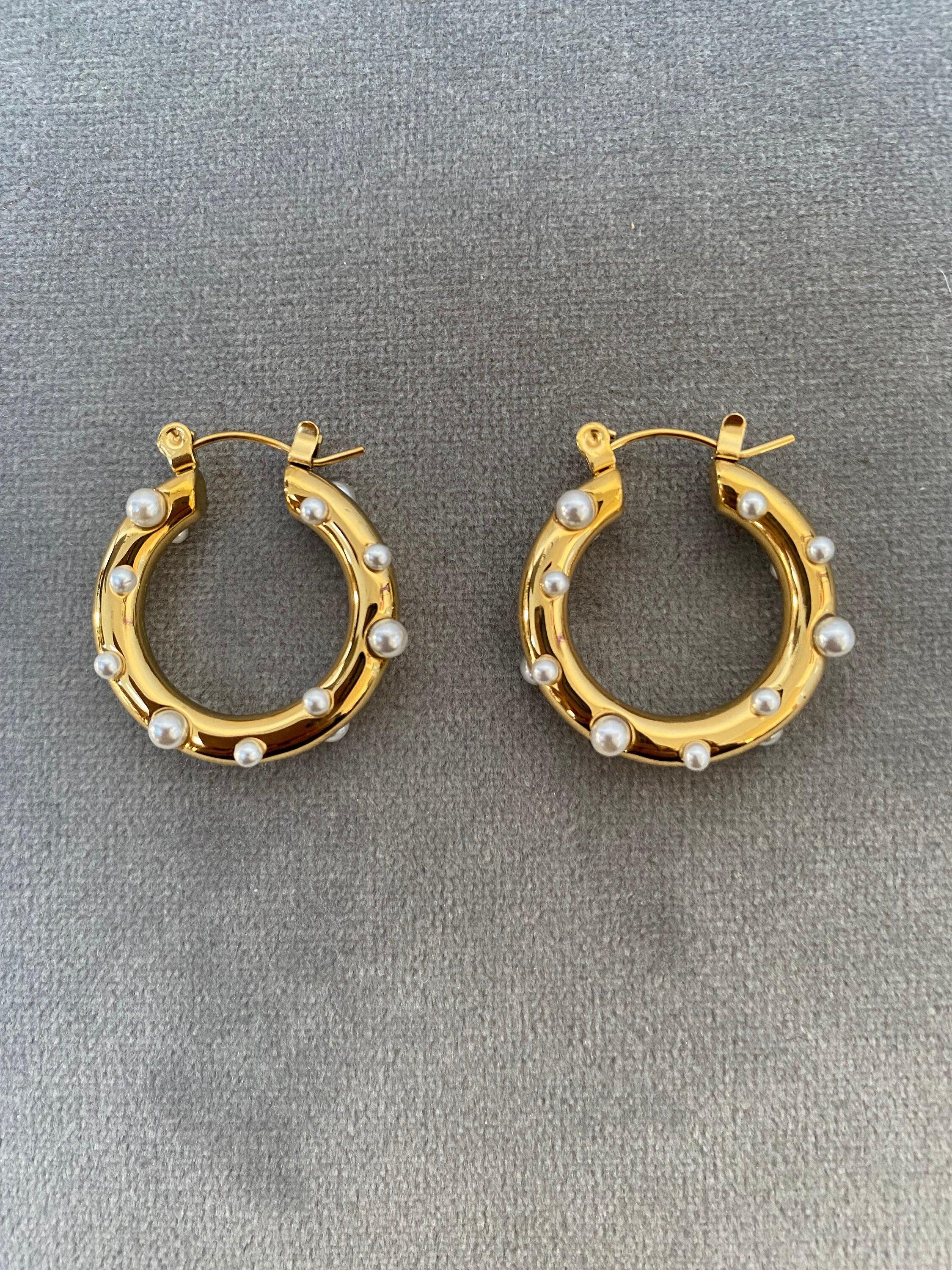 Gold Bubble Pearl Hoop Earrings, Bright Round Circle Earrings for Her. Perfect Gift