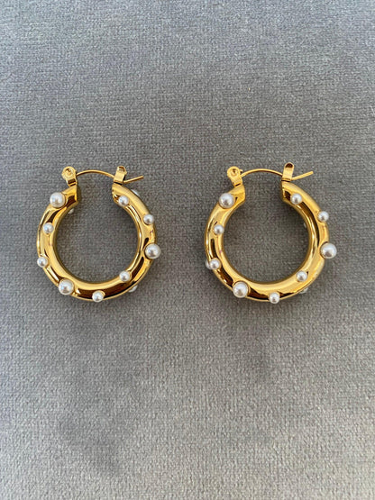 Gold Bubble Pearl Hoop Earrings, Bright Round Circle Earrings for Her. Perfect Gift