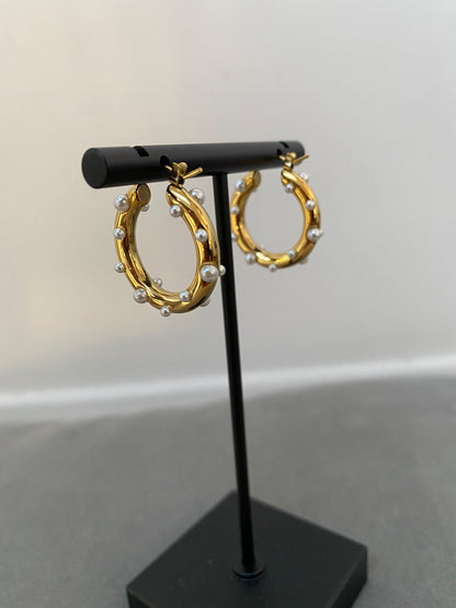 Gold Bubble Pearl Hoop Earrings, Bright Round Circle Earrings for Her. Perfect Gift