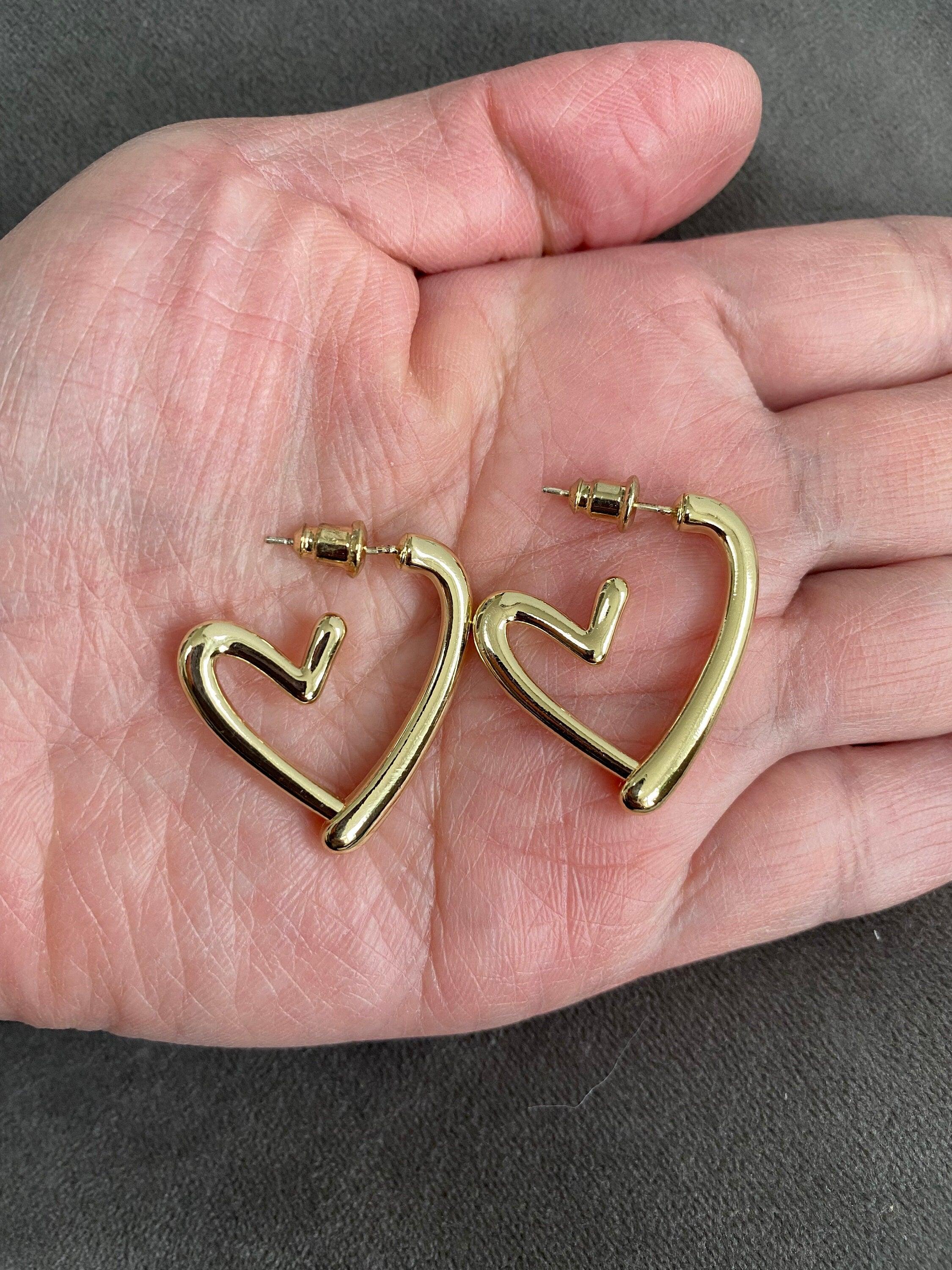 Large Heart Shaped 18k Gold Silver Stud Earrings for Her, Cute Thick Drop Earrings