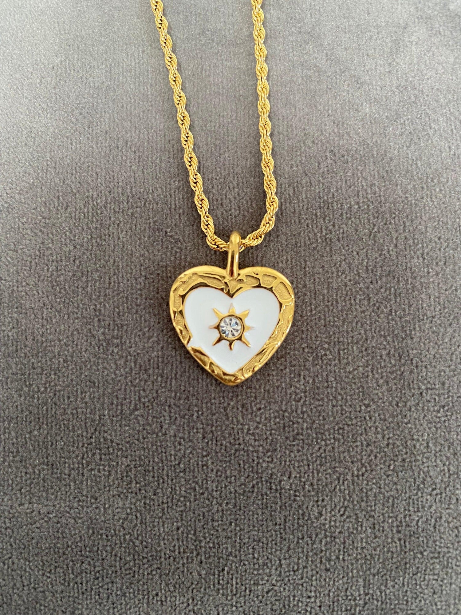 Elegant Gold Heart Necklace with Zircon Stone Charm for Her, Hammered Choker Pendant