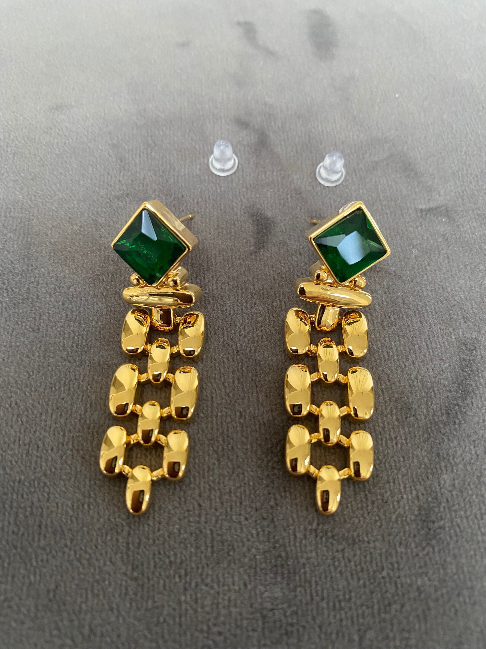 Thick and Wide Watch Chains Emerald Earrings in Gold , Green Zircon Heirloom Chain Earrings for Her, Vintage Inspired, S925 Needle