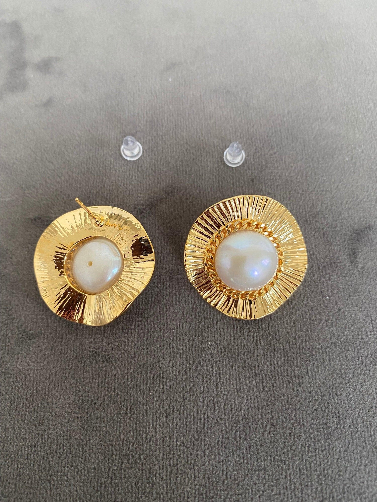 Large Straw Hat Freshwater Pearl Stud Earrings, Korean Style Giant Pearl Statement Earrings for Her. 18K gold Plated and Perfect for Summer