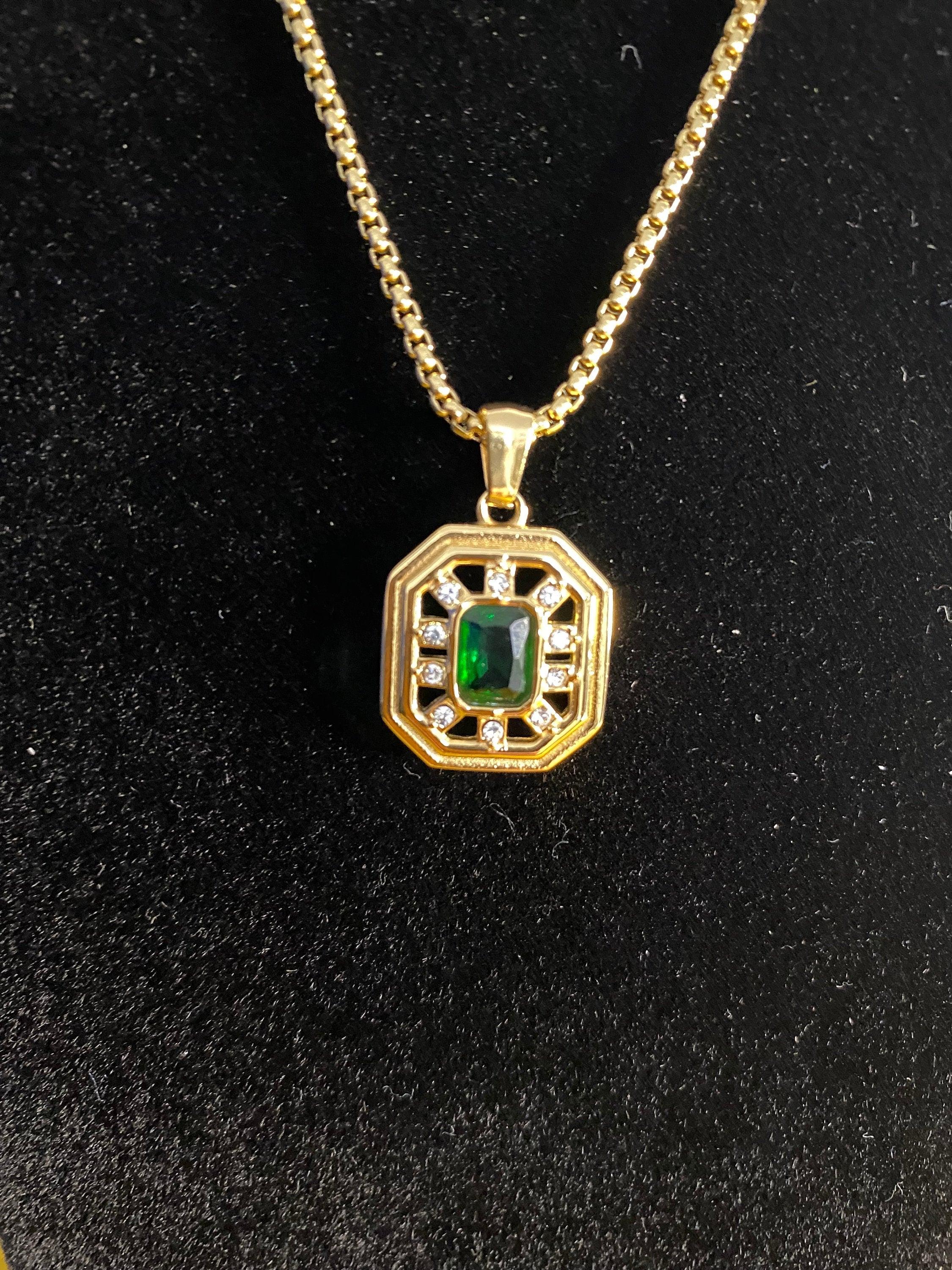 Sparkling Natural Green Zircon Box Chain Necklace, Elegant Gemstone Pendant Necklace for Her, Delicate Gold Necklace. Vintage Style