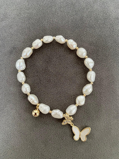 Bright Glitter Butterfly Pearl Bracelet, Freshwater Pearls charm Bracelet, White Pearl Zircon Bracelet, 18K Gold and S925 Sterling Silver.