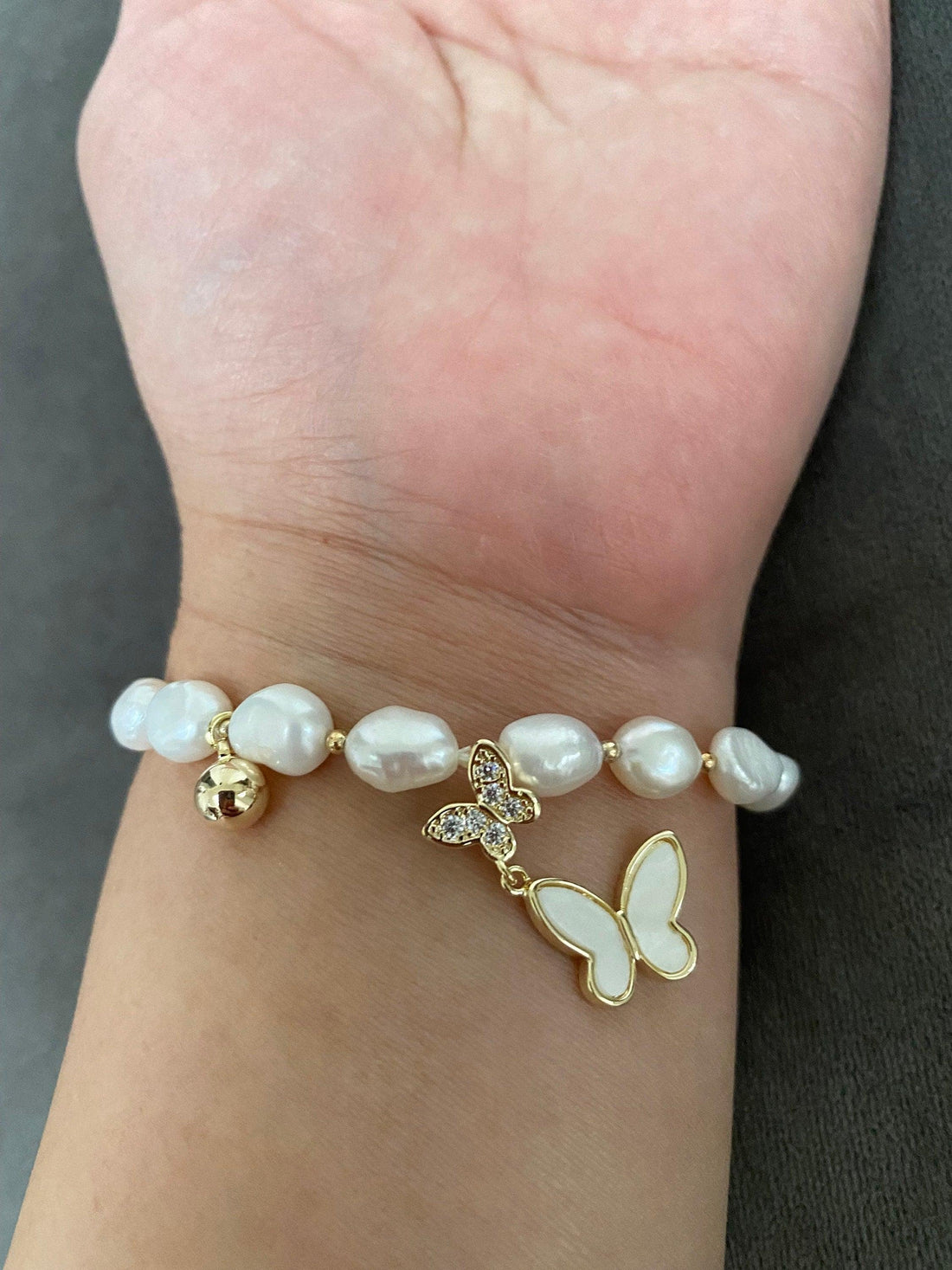 Bright Glitter Butterfly Pearl Bracelet, Freshwater Pearls charm Bracelet, White Pearl Zircon Bracelet, 18K Gold and S925 Sterling Silver.