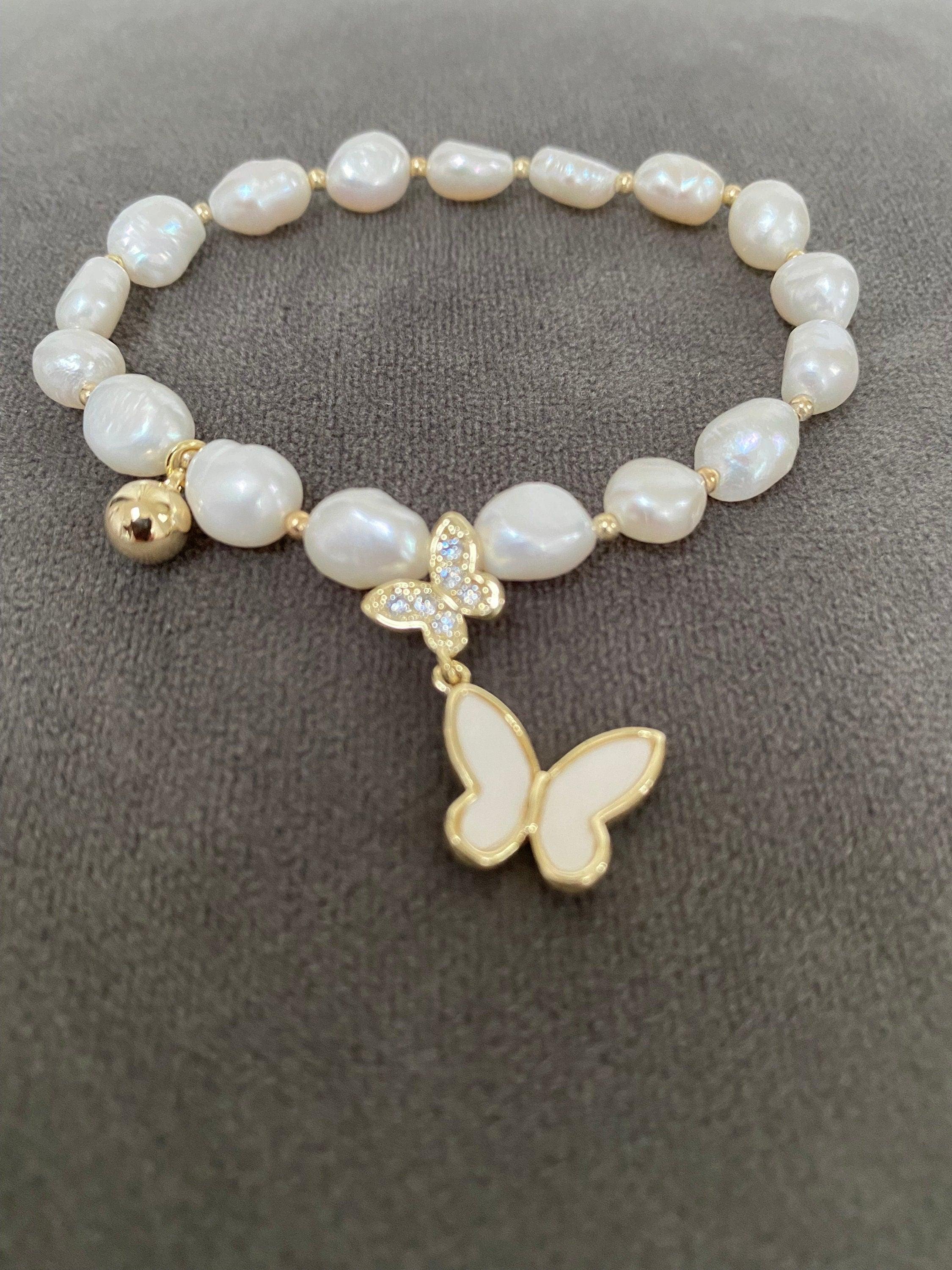 Bright Glitter Butterfly Pearl Bracelet, Freshwater Pearls charm Bracelet, White Pearl Zircon Bracelet, 18K Gold and S925 Sterling Silver.