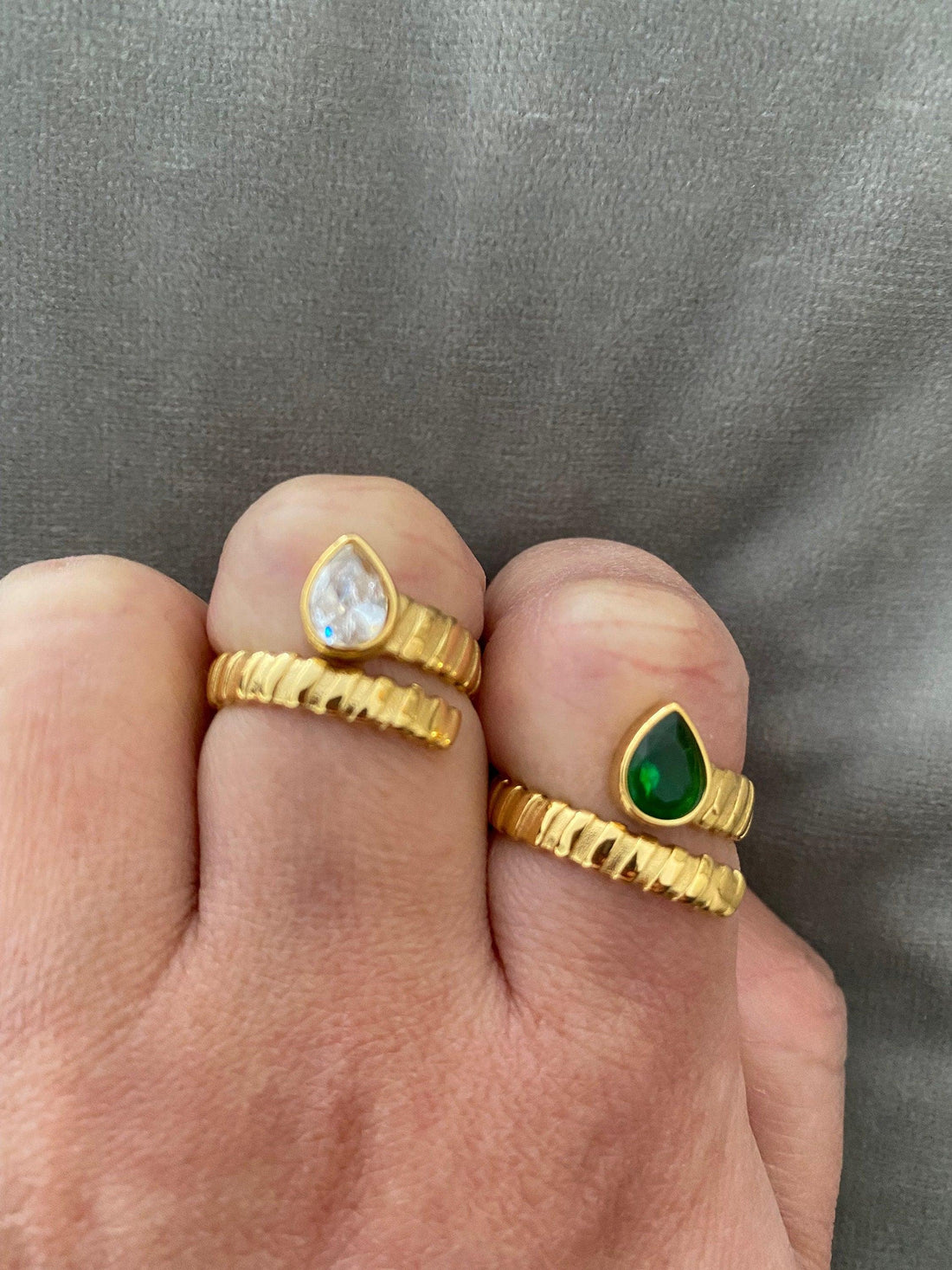 Small Tiny Teardrop Green Zircon Rings for Women, Cubic Adjusted Statement layer Rings, Spiral Twisted White Zircon Open Rings, 18K Gold