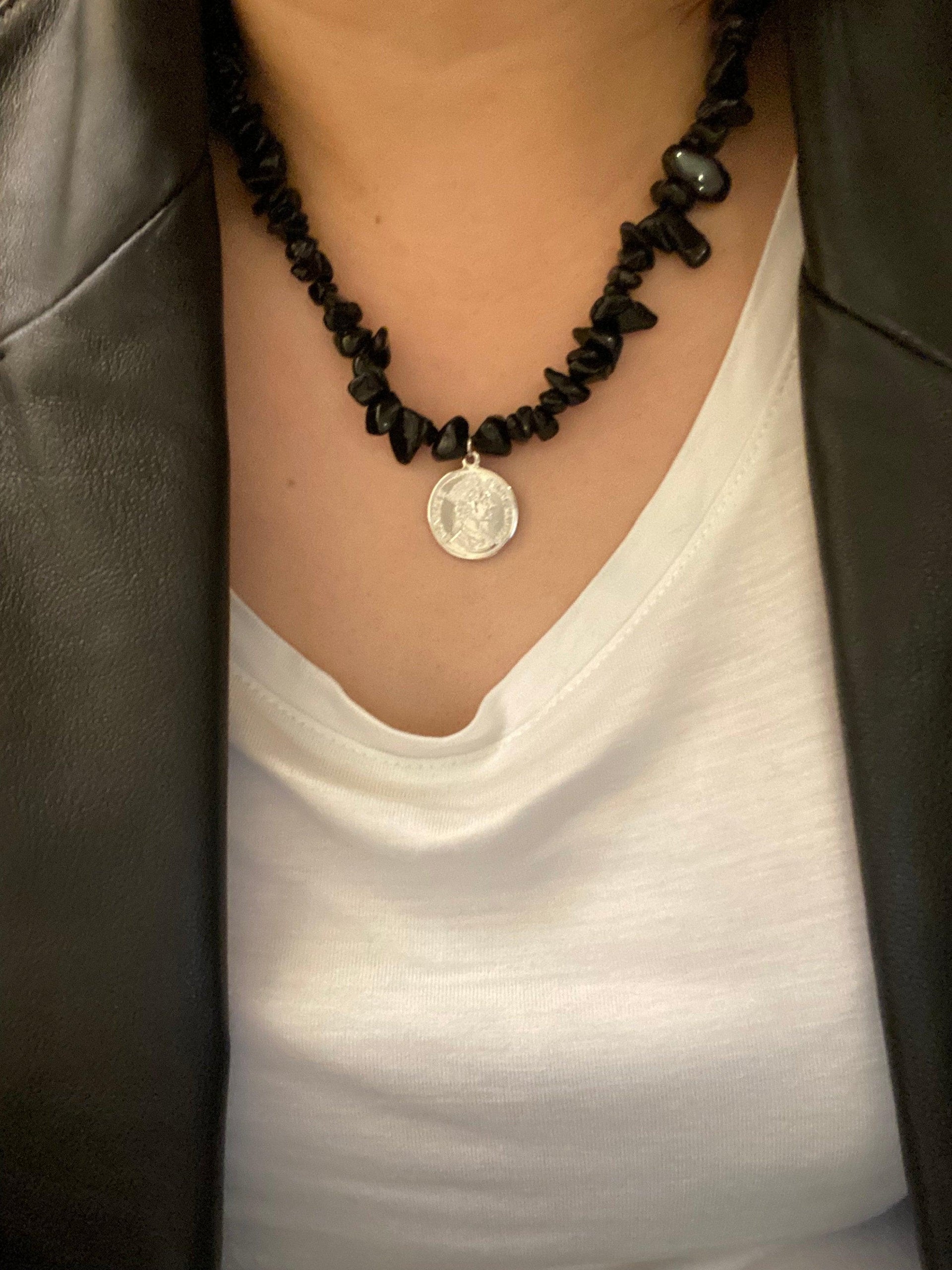 Black Agate Queen Portrait Silver Coin Pendant Necklace for Her - Summer Beach Jewellery