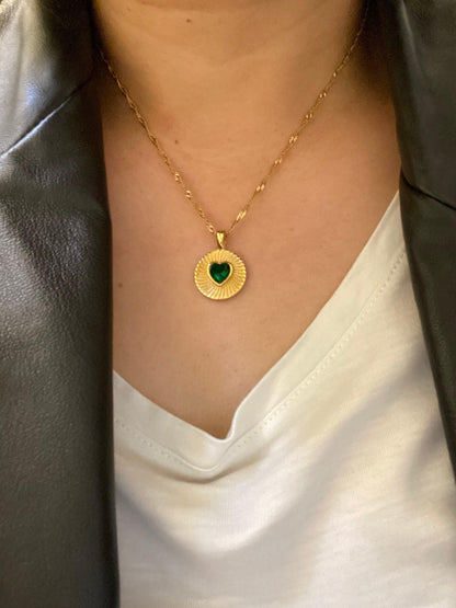 Malachite Heart Coin Pendant Necklace, 18K Gold Sparkling Zircon Charm Necklace, Delicate For Her