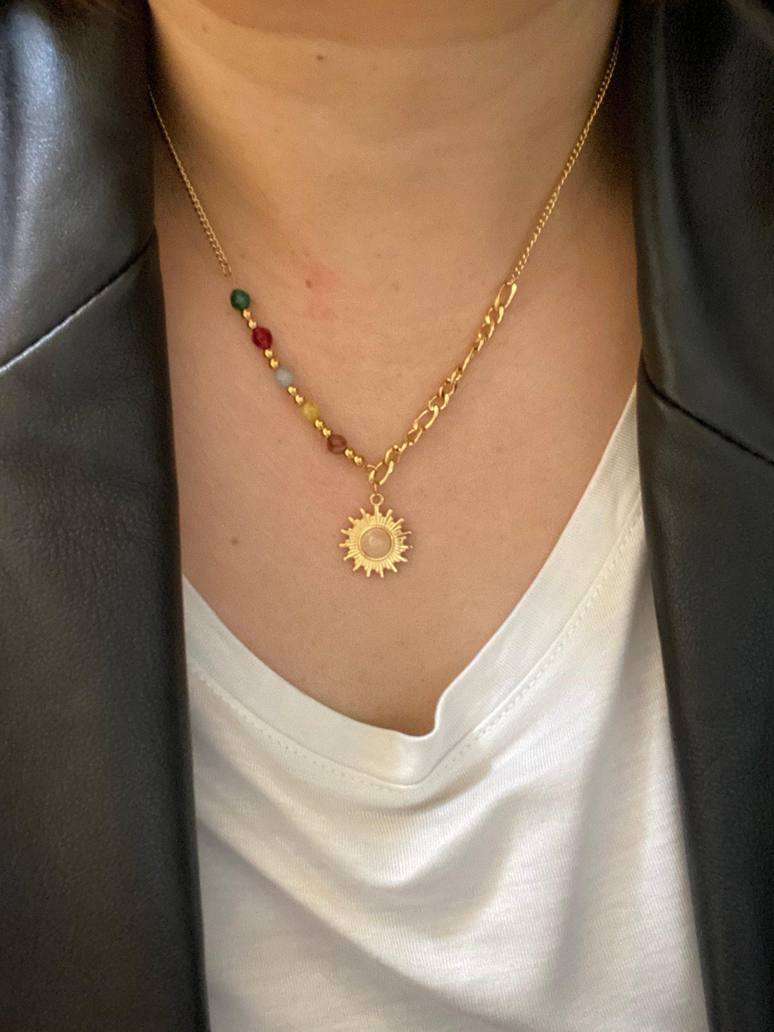 Figaro Chain Opal Stone Beads Sun Necklace, Colourful Mini Nugget Gemstone Sun Necklace for Women, 18K Gold Opal Sun Necklace