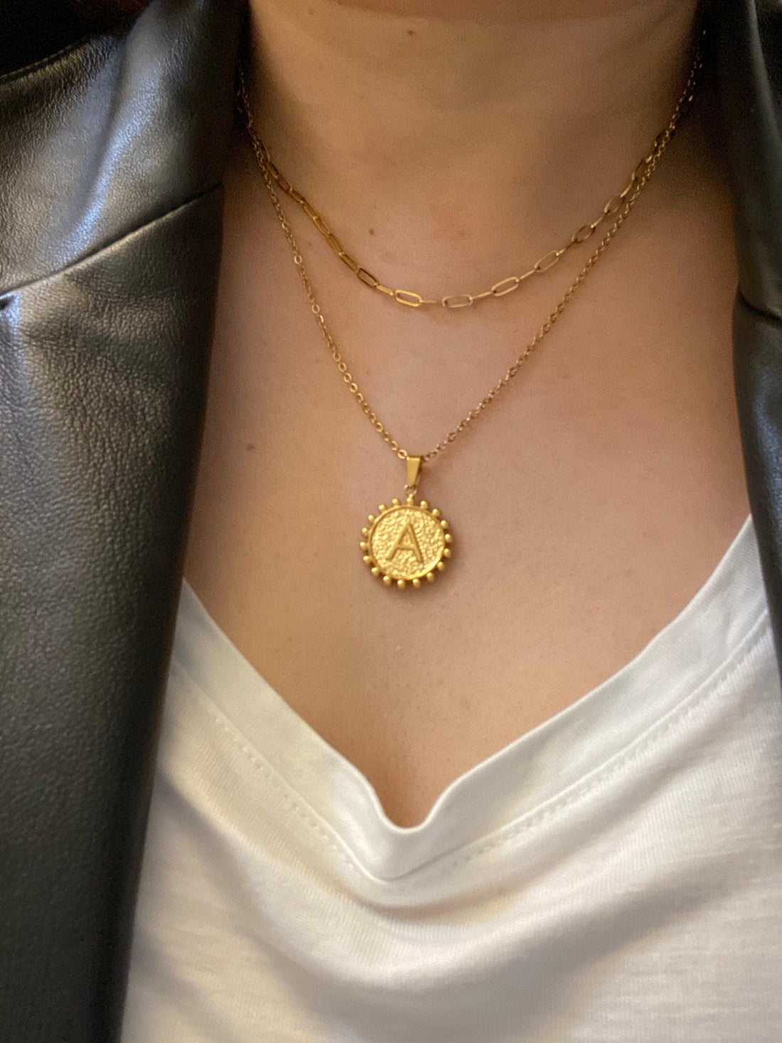 Two Layered Chains Symbol A Coin Pendant Necklace for Her , Gold Initial Coin Pendant Necklace, Letter initial Necklace in 18K gold