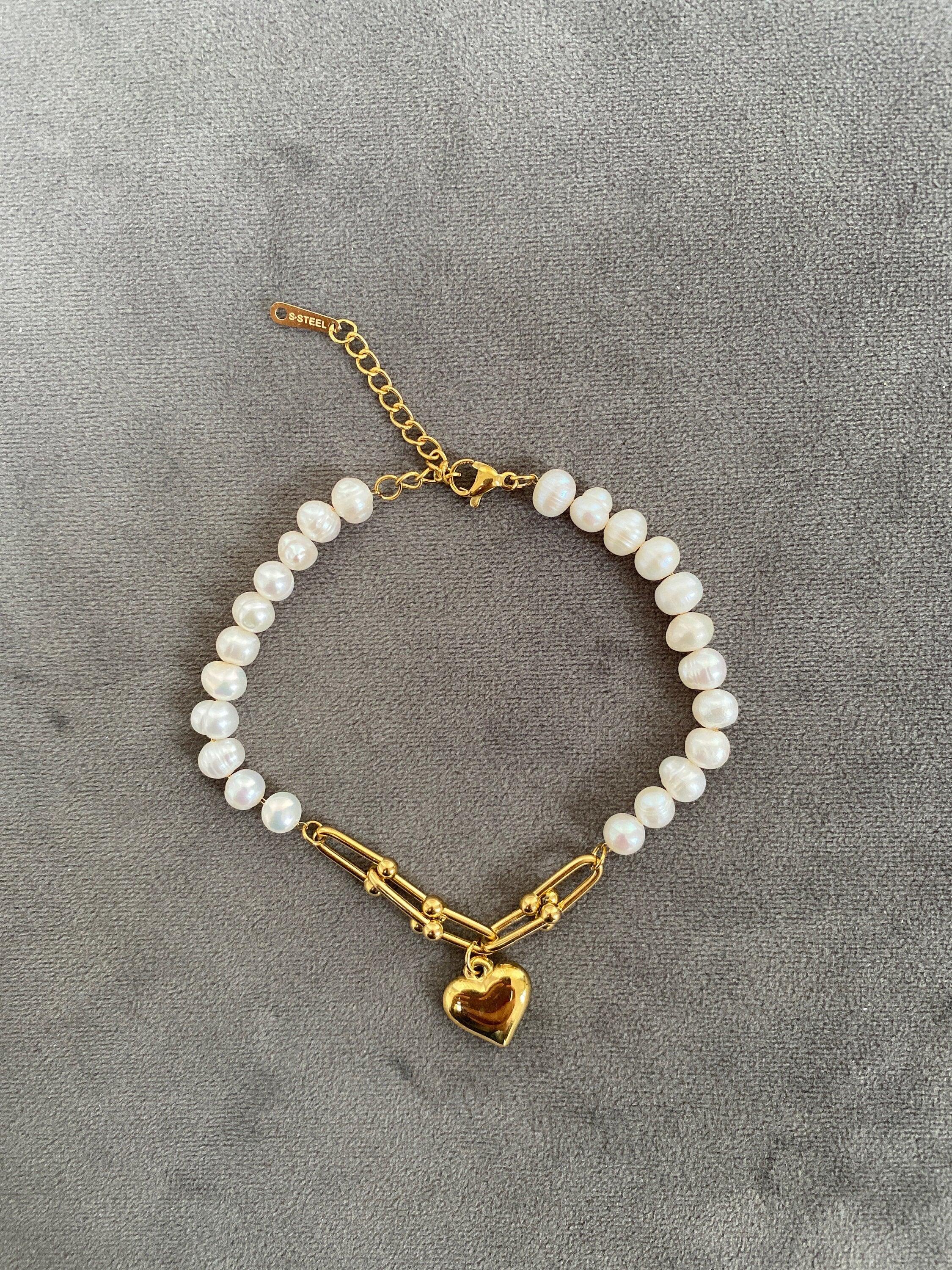 18k Gold Tiny Rice Pearl Bracelet for Her, Freshwater Pearl Heart Chain Bracelets, Dainty Lock Link Chain Bracelet