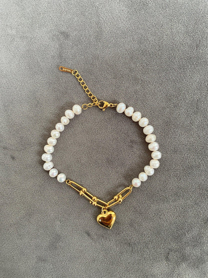 18k Gold Tiny Rice Pearl Bracelet for Her, Freshwater Pearl Heart Chain Bracelets, Dainty Lock Link Chain Bracelet