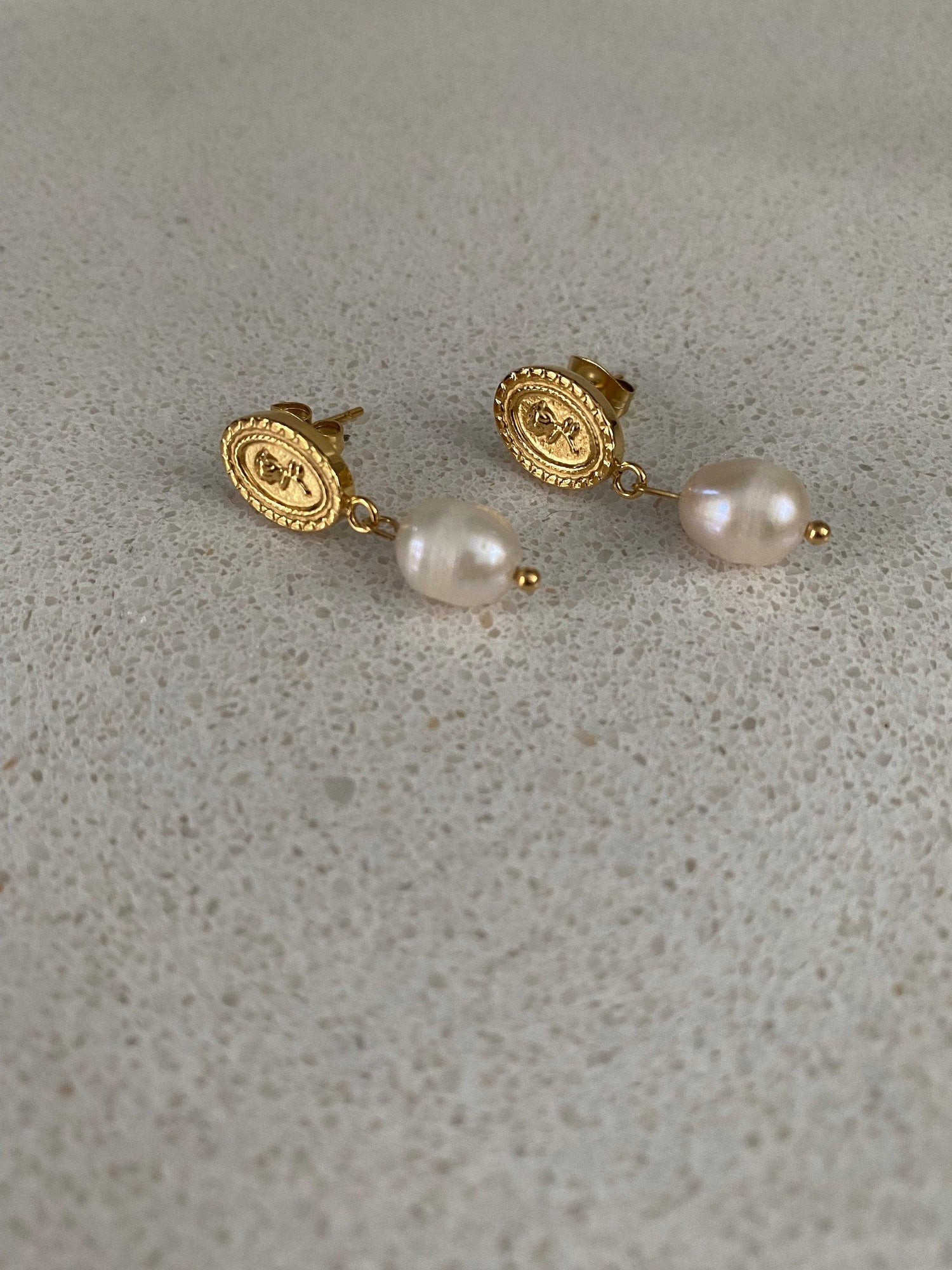 Tiny Coin Design Rose Embossed Freshwater Pearl Earrings for Women, Pendant Coin Design Flower Pearl Earrings, 18K Gold