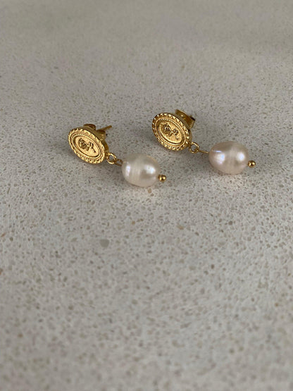 Tiny Coin Design Rose Embossed Freshwater Pearl Earrings for Women, Pendant Coin Design Flower Pearl Earrings, 18K Gold