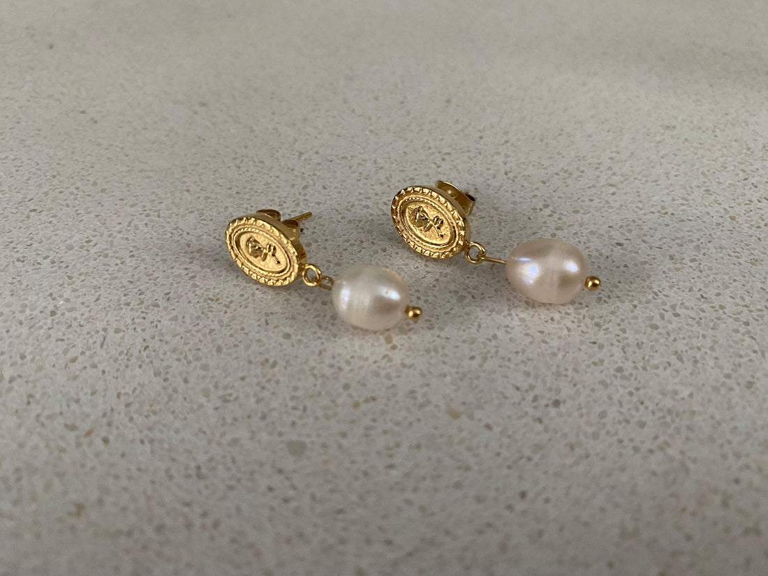 Tiny Coin Design Rose Embossed Freshwater Pearl Earrings for Women, Pendant Coin Design Flower Pearl Earrings, 18K Gold