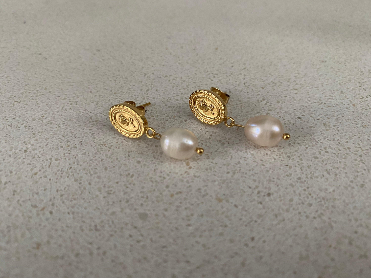 Tiny Coin Design Rose Embossed Freshwater Pearl Earrings for Women, Pendant Coin Design Flower Pearl Earrings, 18K Gold