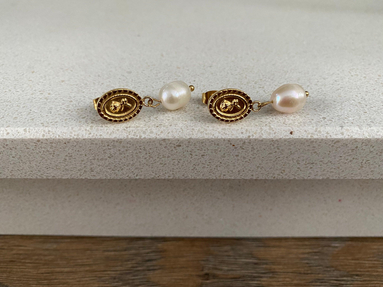 Tiny Coin Design Rose Embossed Freshwater Pearl Earrings for Women, Pendant Coin Design Flower Pearl Earrings, 18K Gold