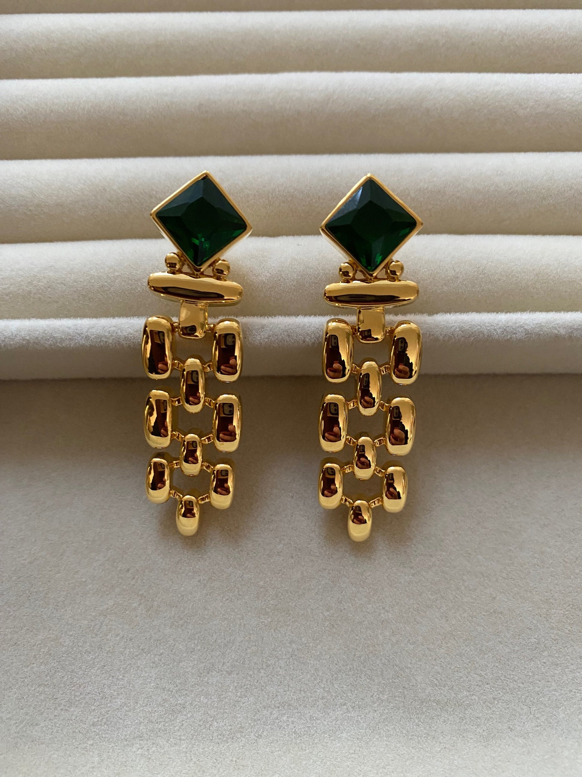 Thick and Wide Watch Chains Emerald Earring in Gold , Green Zircon Heirloom Chain Earring for Her, Vintage Inspired, S925 Needle