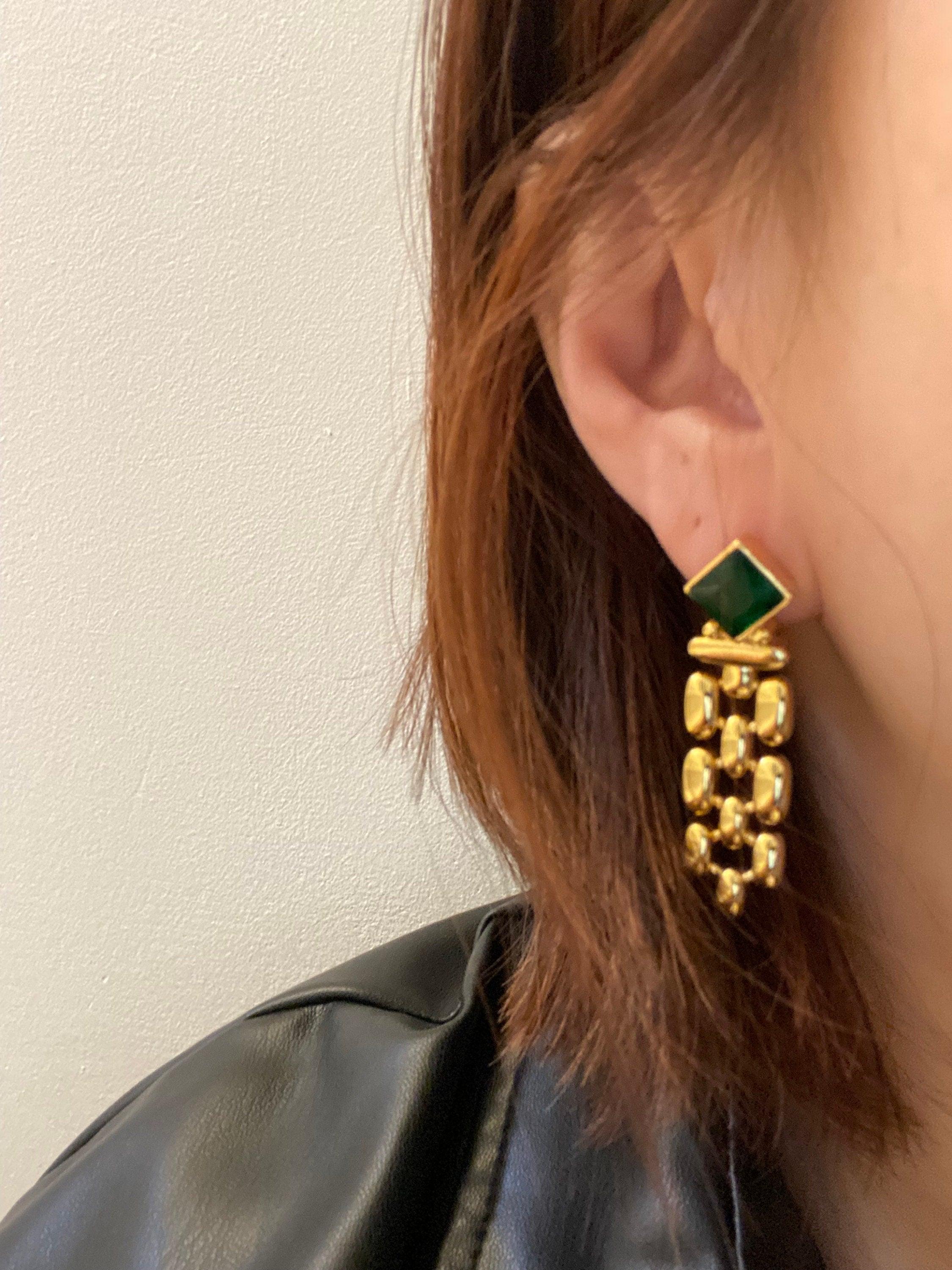 Thick and Wide Watch Chains Emerald Earrings in Gold , Green Zircon Heirloom Chain Earrings for Her, Vintage Inspired, S925 Needle