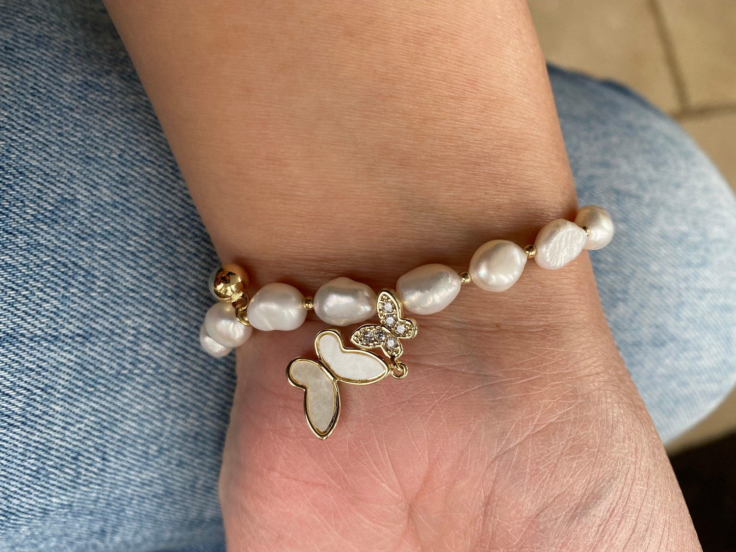 Bright Glitter Butterfly Pearl Bracelet, Freshwater Pearls charm Bracelet, White Pearl Zircon Bracelet, 18K Gold and S925 Sterling Silver.