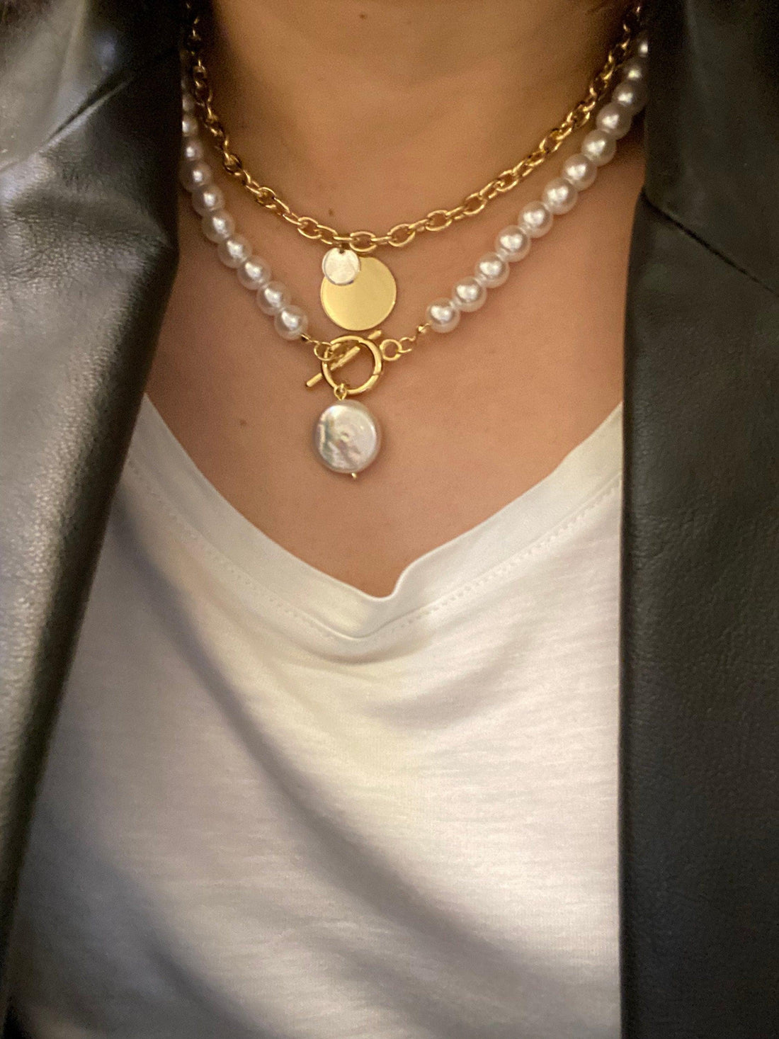 Double Layered Baroque Pearl Necklace with 18k Gold Coin Pendant