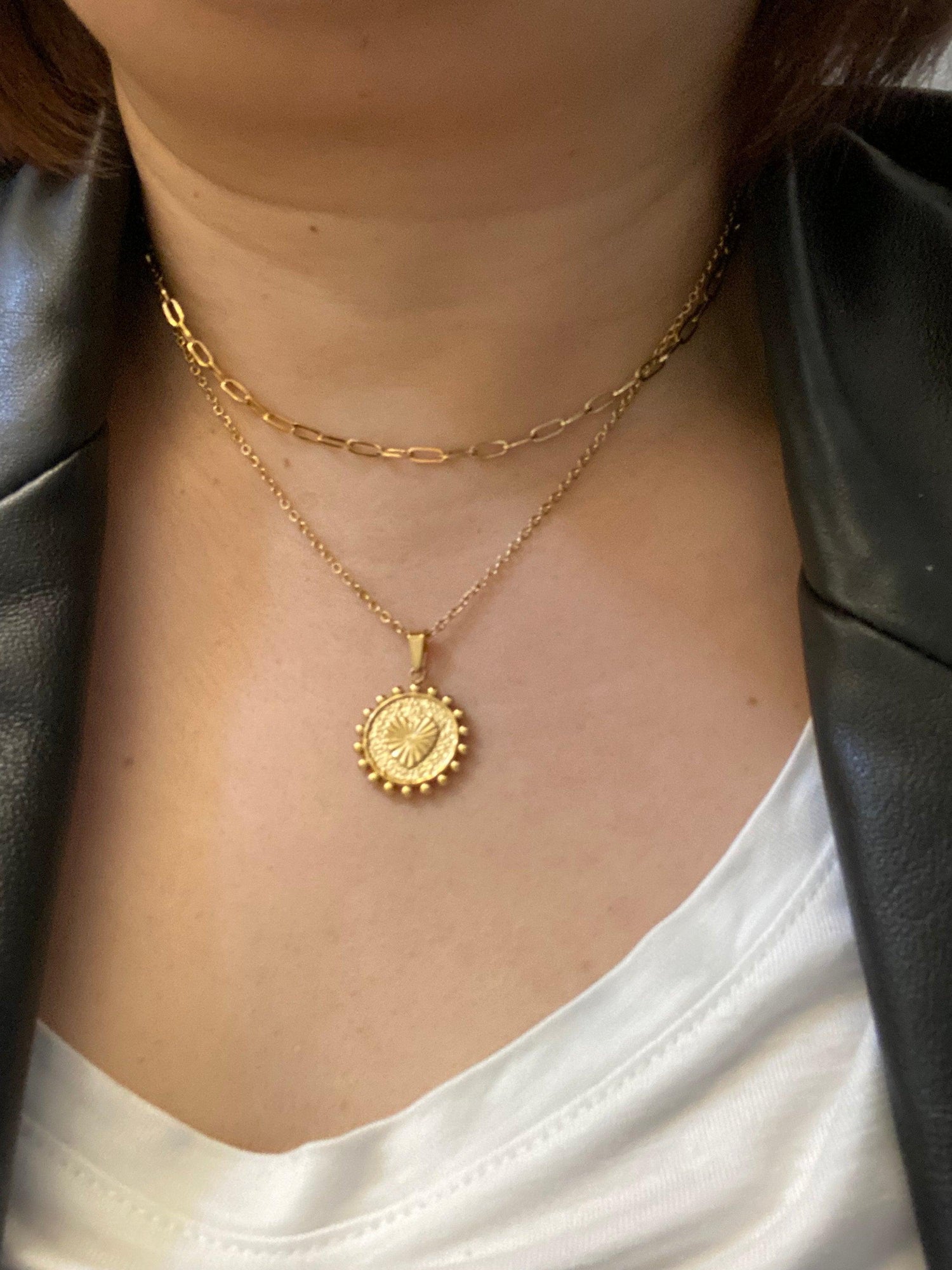 Two Layered Symbol A Coin Necklace for Her , Gold Initial A Coin Pendant Necklace, Letter A initial Coin Shape Necklace, 18K gold,