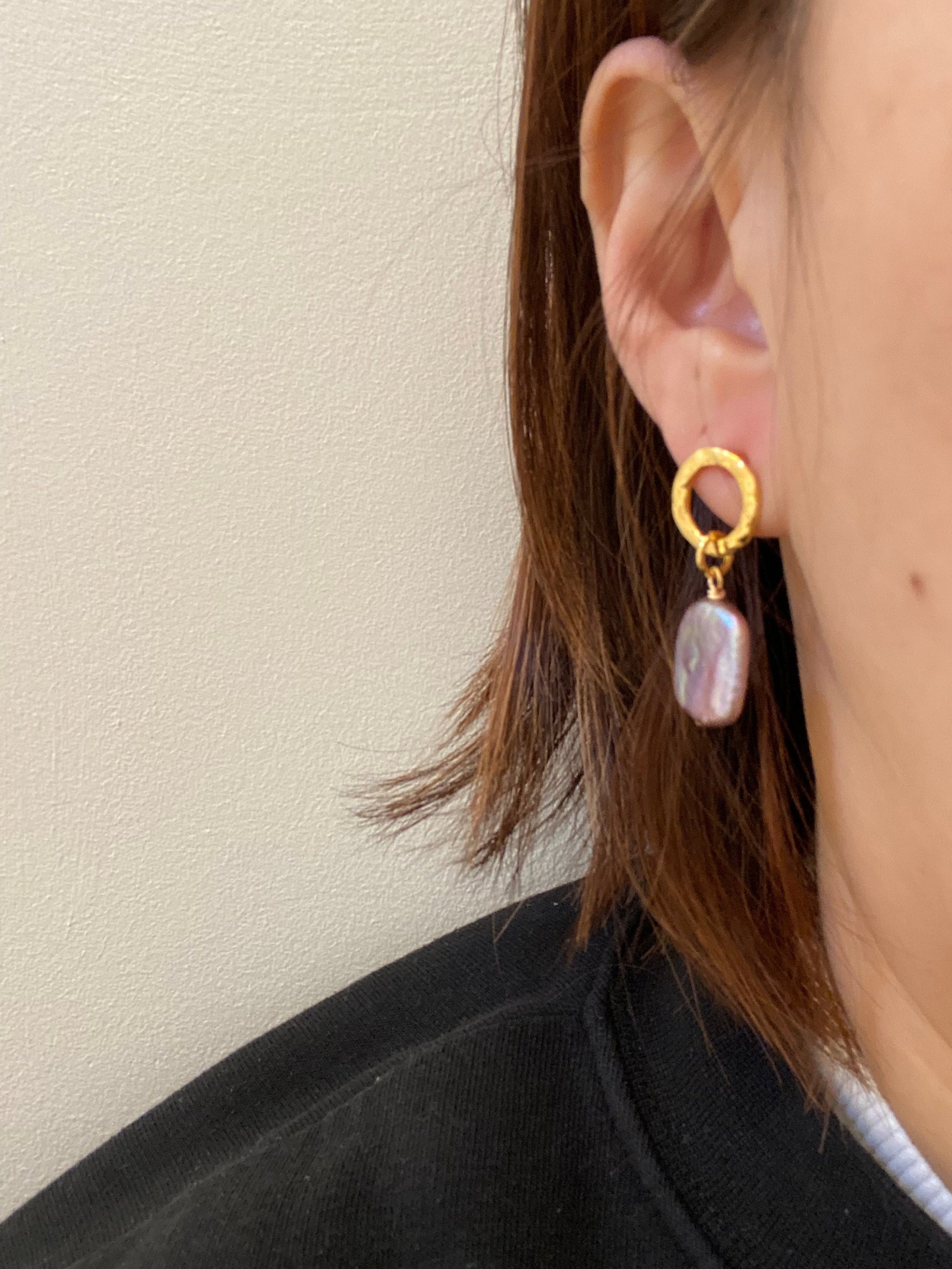 Square Purple Baroque Hoop Earrings, High Lustre Baroque Vintage Earrings for Her, Korean Style Freshwater Pearl Statement Earrings.18K Gold