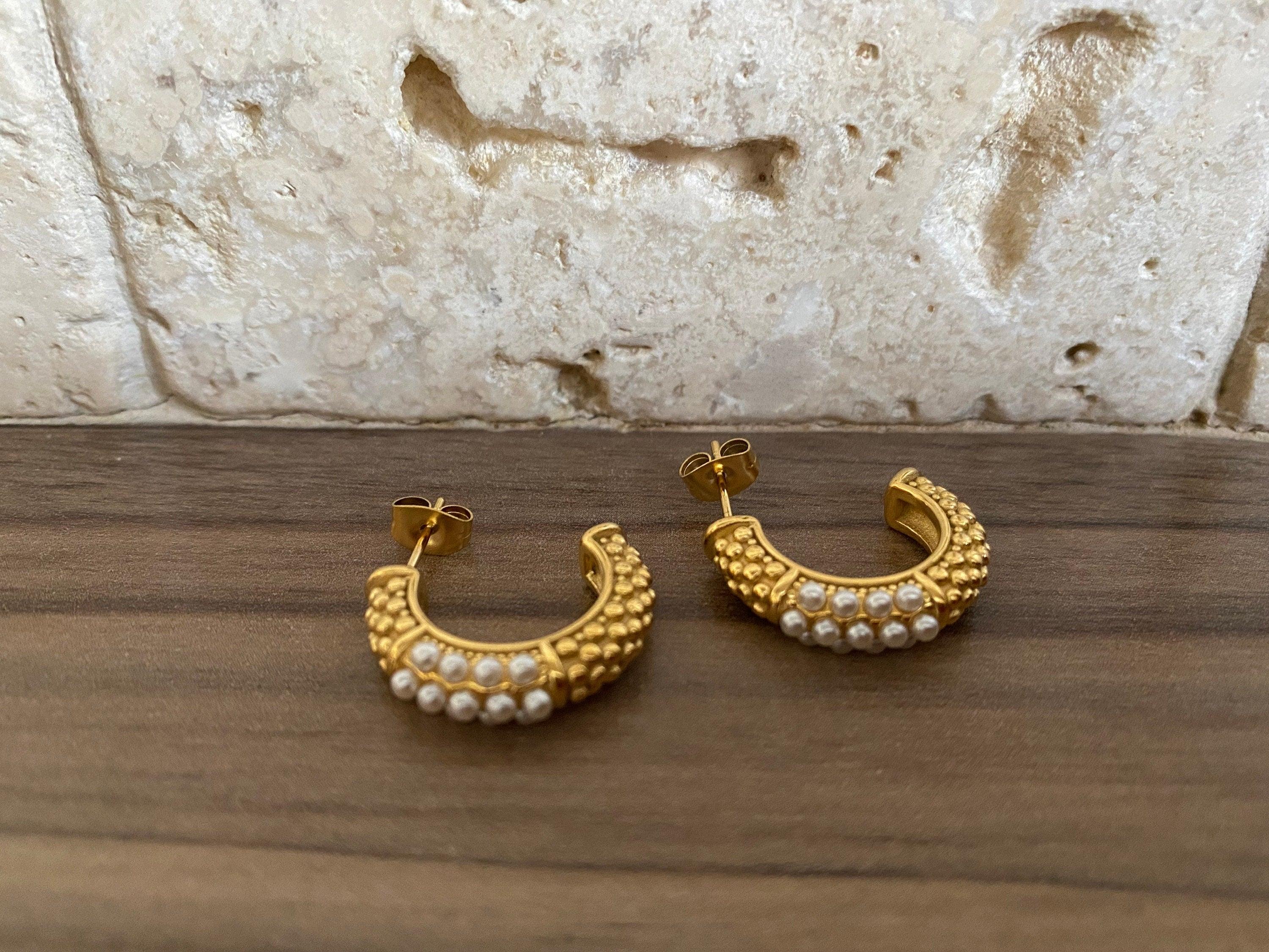 Bobble C Shape Pearl Earrings for Women, C Shape Pearl Hoop Earrings, 18K gold