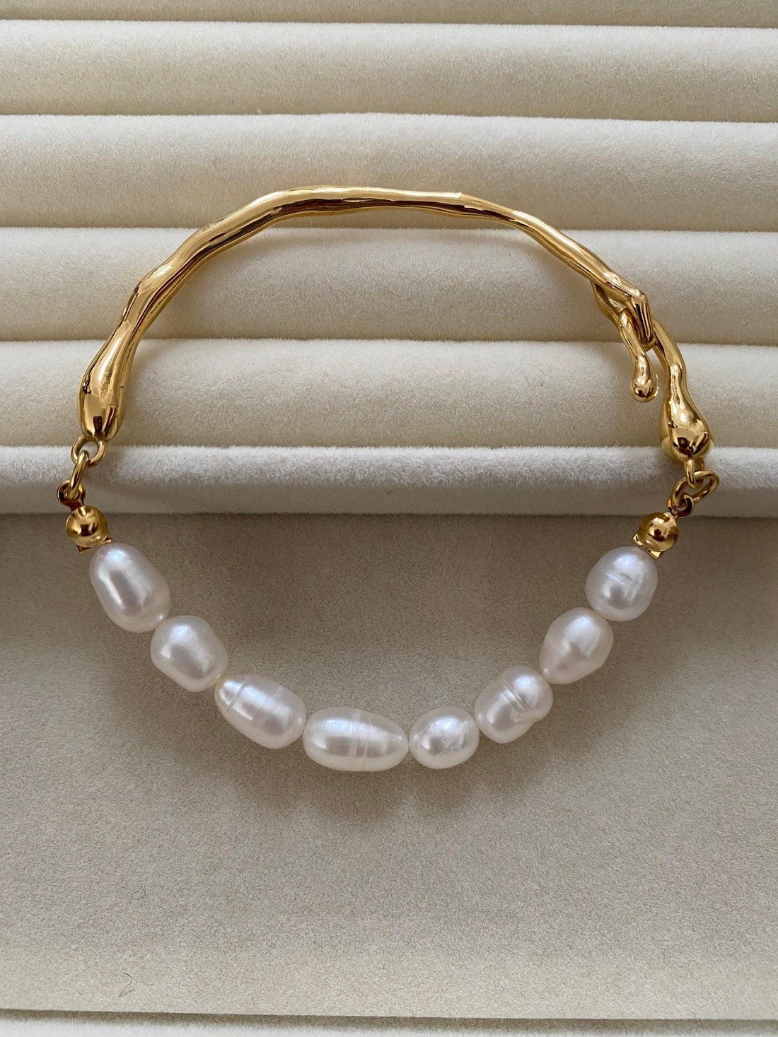 Genuine Natural Pearl Lustrous Bangle for Her, Korean Style Freshwater Rice Pearl Bracelet, 18K Gold and Wedding Bangles