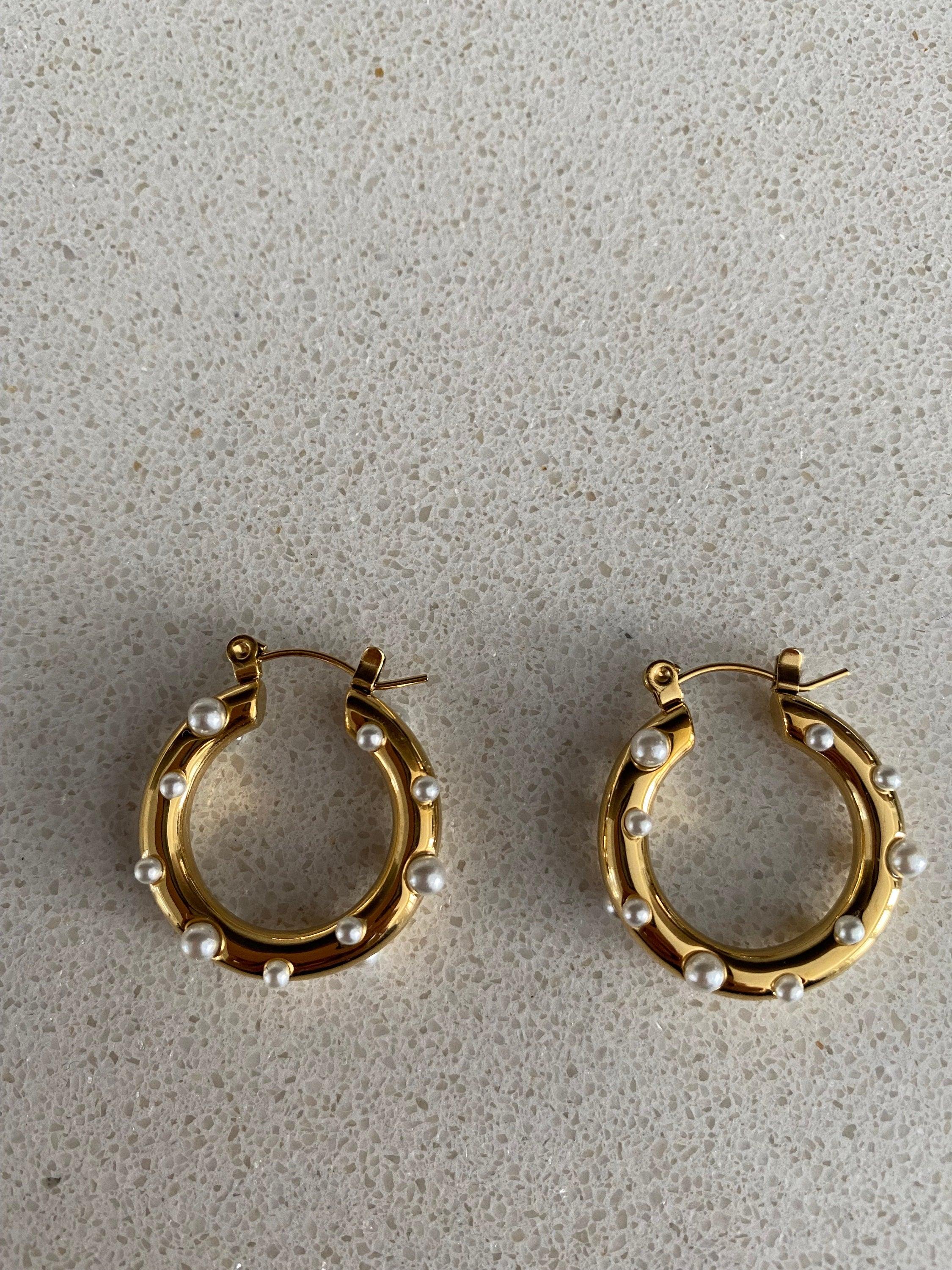 Gold Bubble Pearl Hoop Earrings, Bright Round Circle Earrings for Her. Perfect Gift