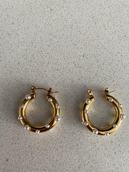 Gold Bubble Pearl Hoop Earrings, Bright Round Circle Earrings for Her. Perfect Gift