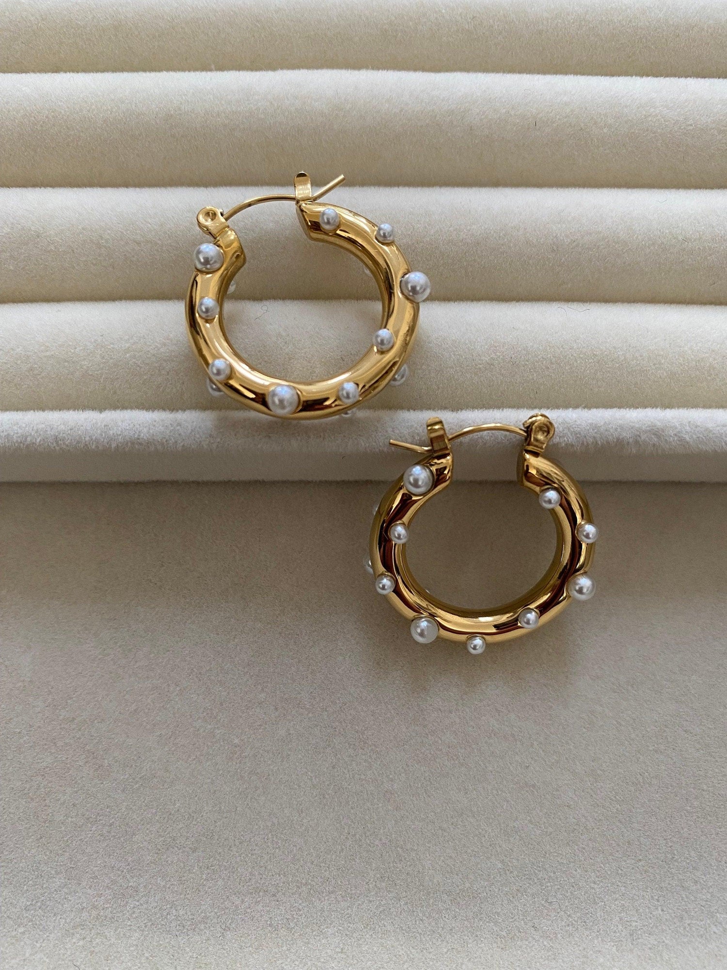 Gold Bubble Pearl Hoop Earrings, Bright Round Circle Earrings for Her. Perfect Gift