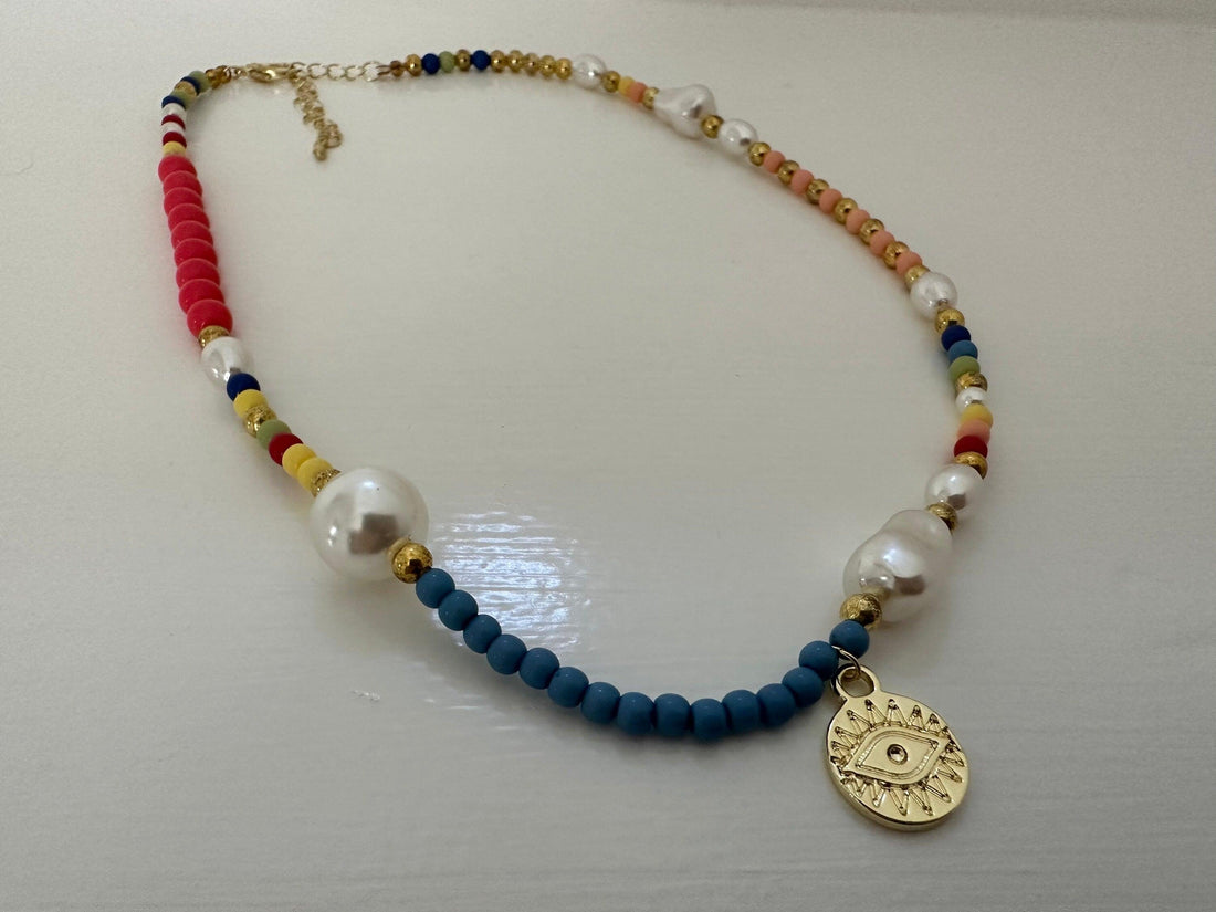 Summer Beach Evil Eye With Pearl Necklace for Her, Natural Beaded Choker for Her, Multicolour Beach Choker Pearl Necklace.